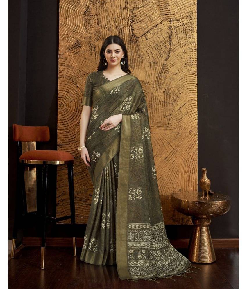 Rekha Maniyar Silk Printed Saree With Unstitched Blouse Piece ( Olive ) Rekha Maniyar Silk Printed Saree With Unstitched Blouse Piece ( Olive )