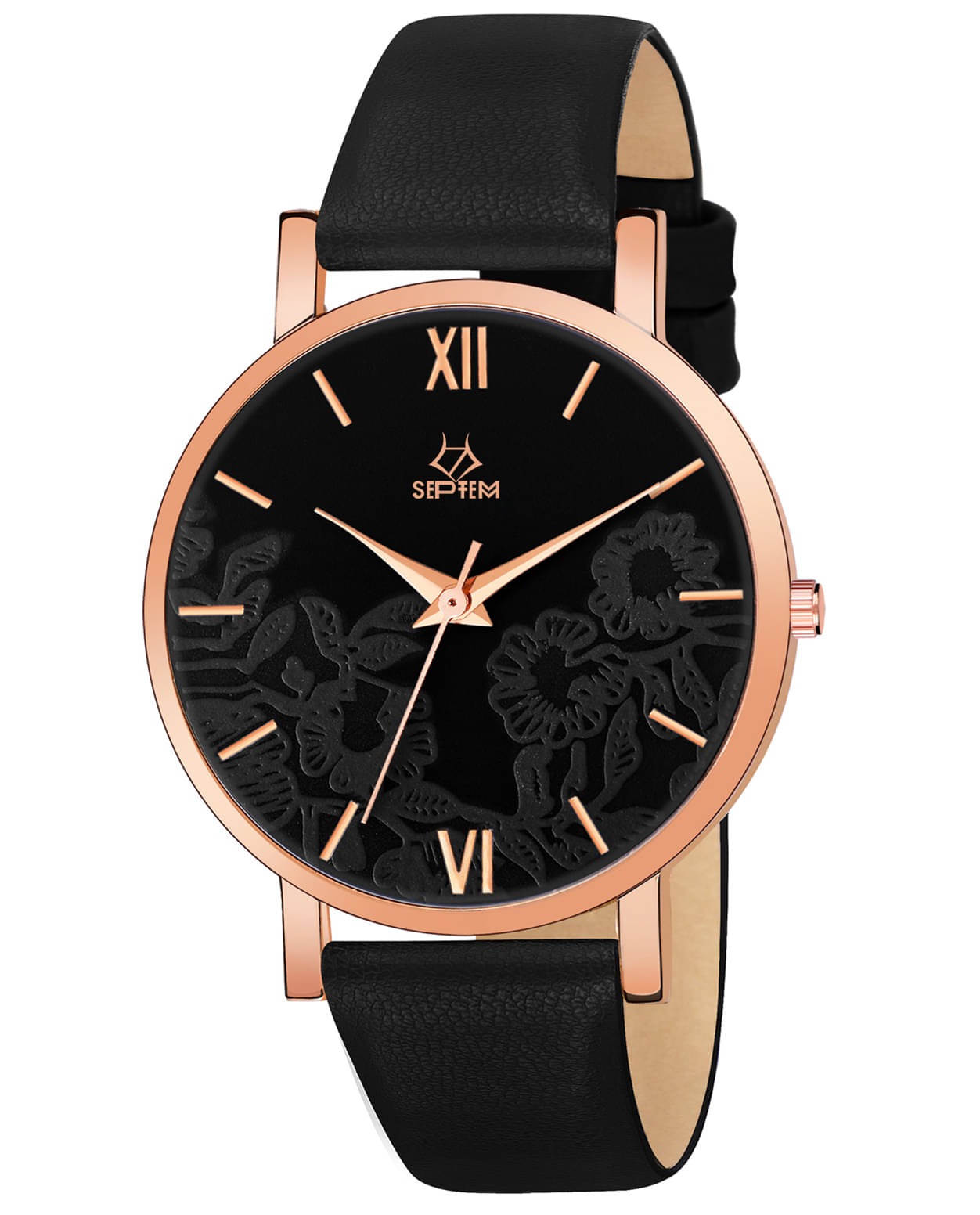     			Septem Black Leather Analog Womens Watch