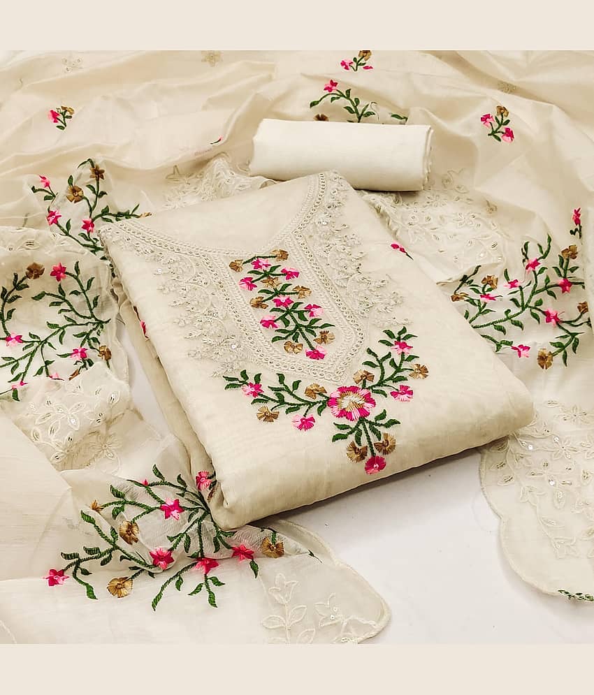 Sidhidata Unstitched Chanderi Embroidered Dress Material - Cream ( Pack of 1 )