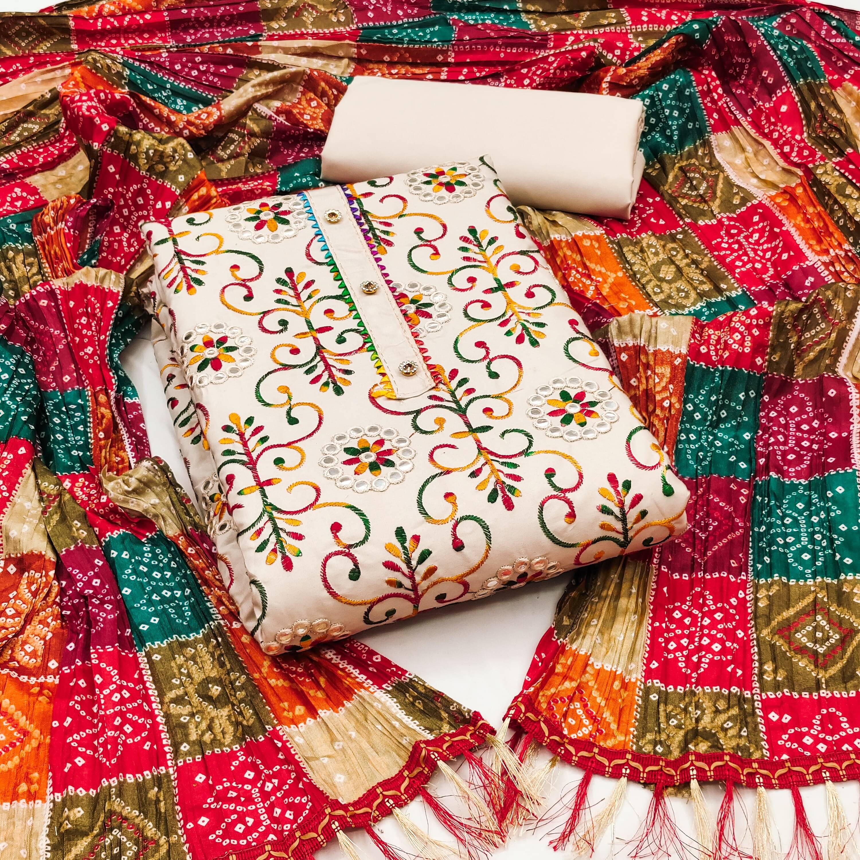     			Sidhidata Unstitched Cotton Blend Embroidered Dress Material - Cream ( Pack of 1 )