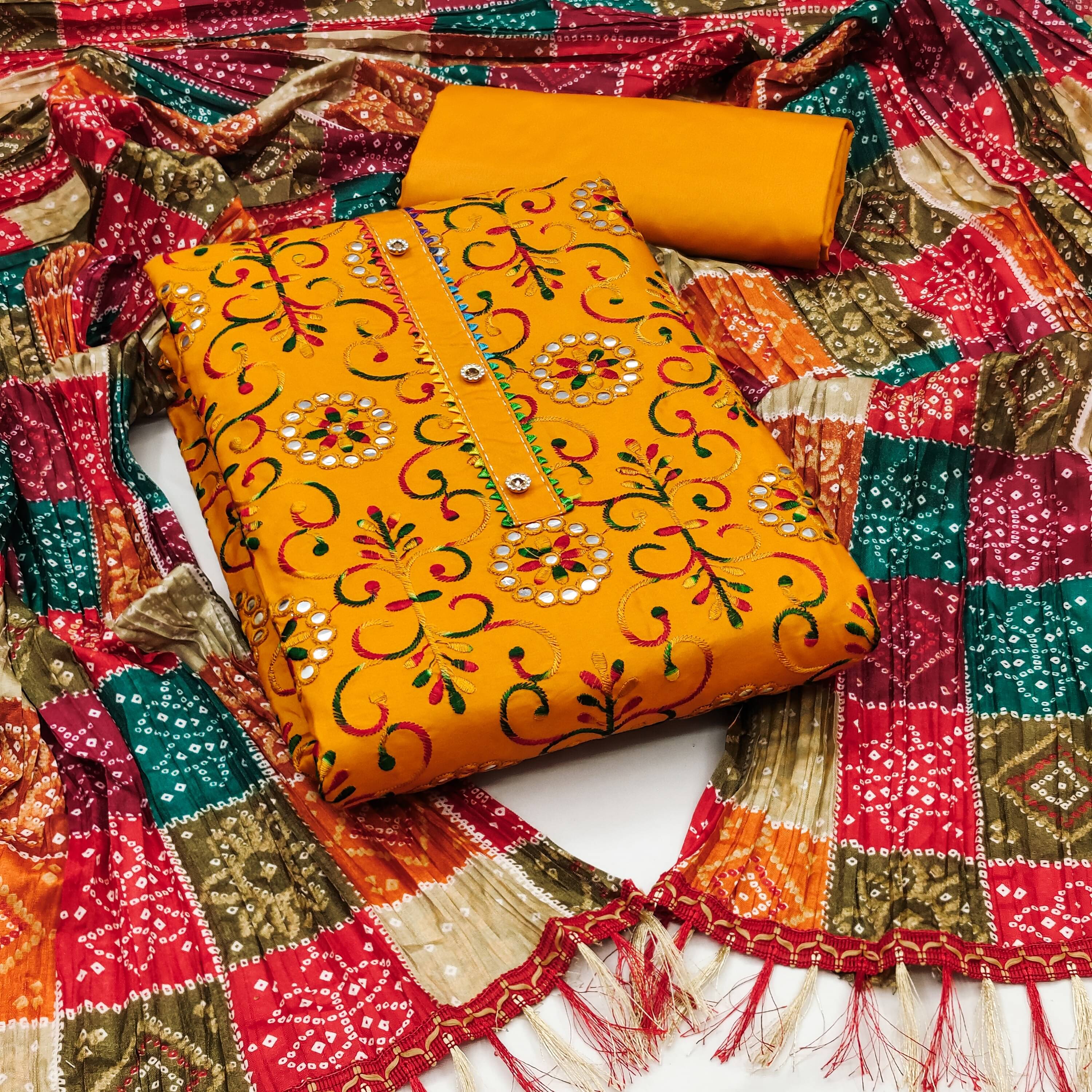 Sidhidata Unstitched Cotton Blend Embroidered Dress Material - Gold ( Pack of 1 )     			Sidhidata Unstitched Cotton Blend Embroidered Dress Material - Gold ( Pack of 1 )