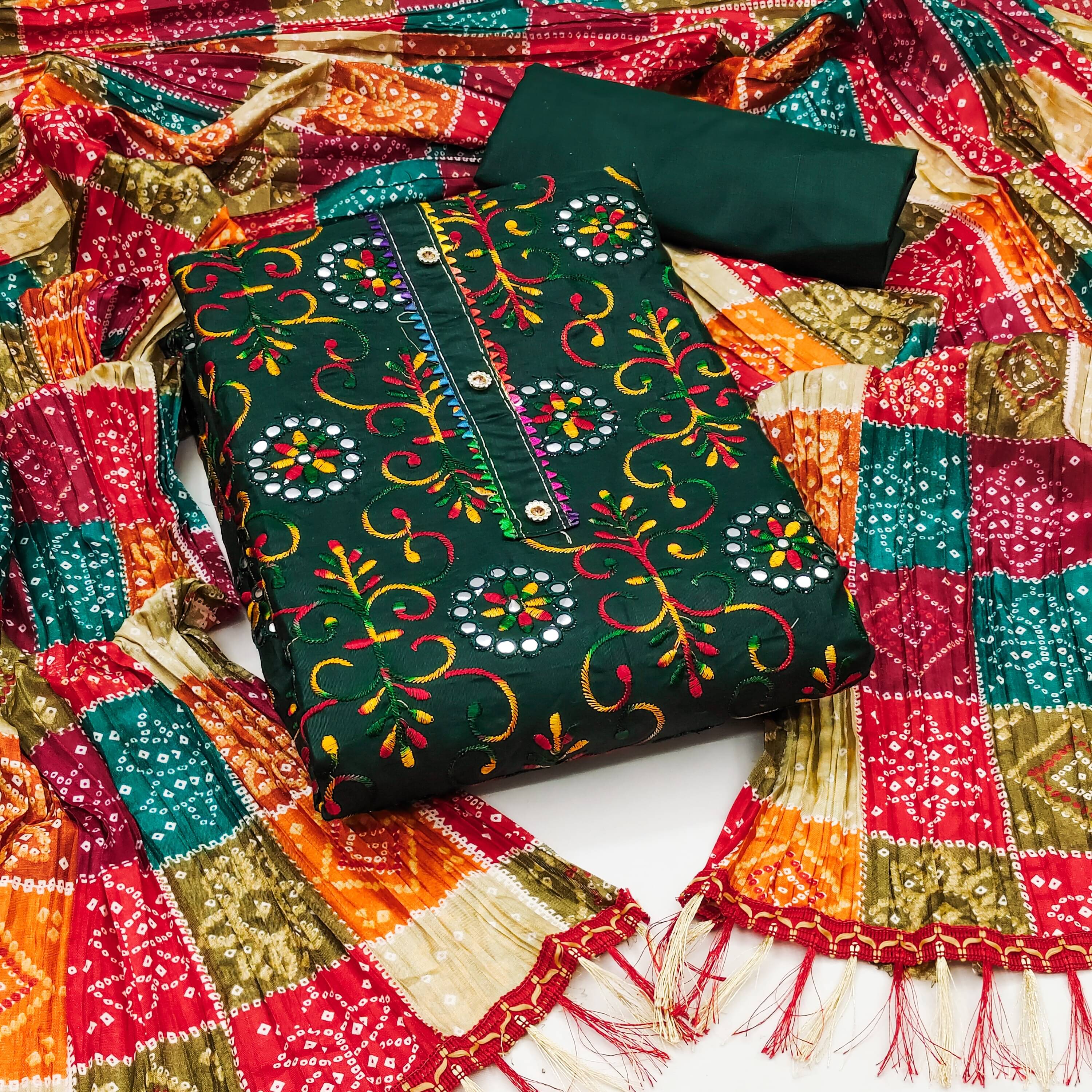     			Sidhidata Unstitched Cotton Blend Embroidered Dress Material - Green ( Pack of 1 )