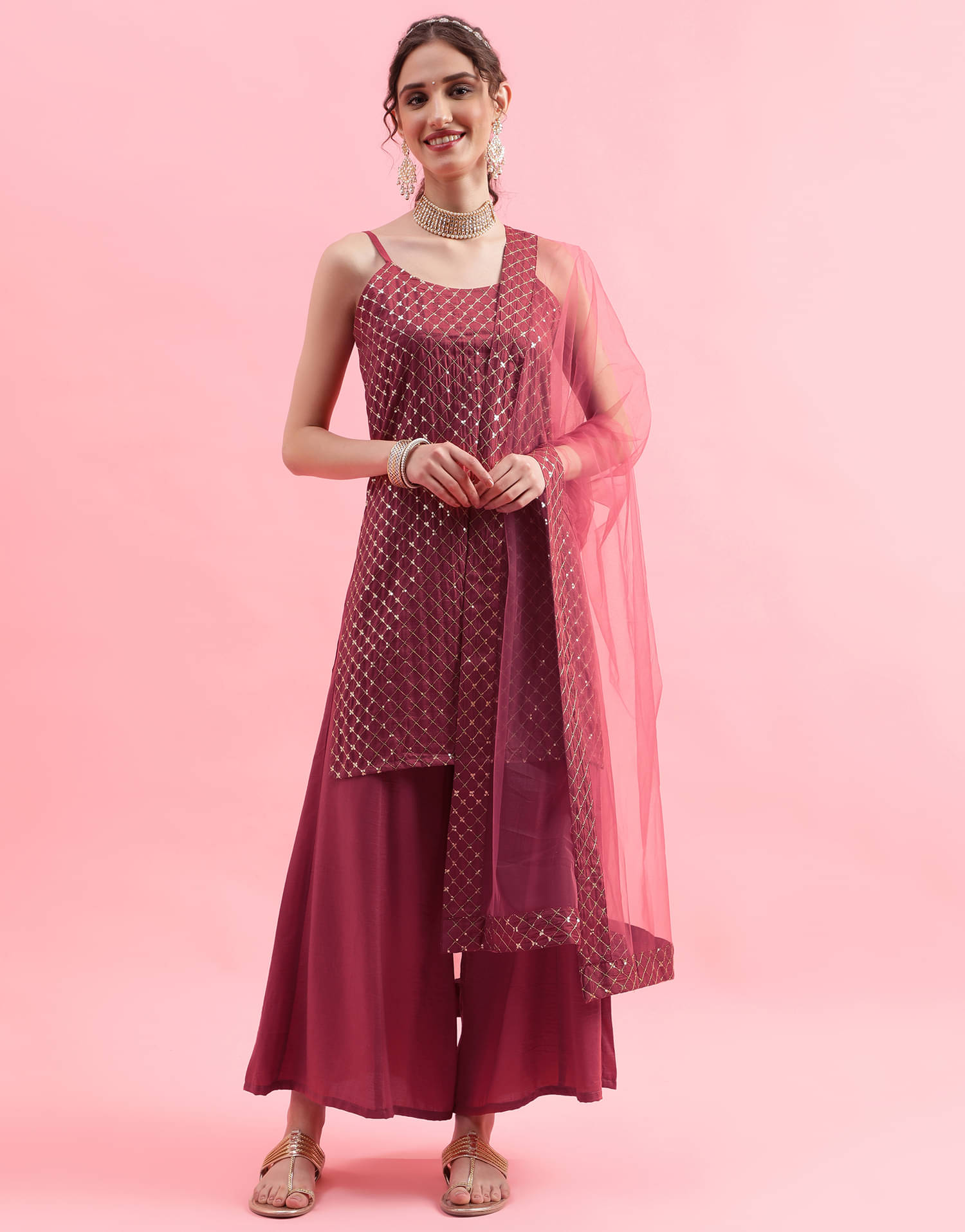 Skylee Chiffon Embellished Kurti With Palazzo Women's Stitched Salwar Suit - Maroon ( Pack of 1 ) Skylee Chiffon Embellished Kurti With Palazzo Women's Stitched Salwar Suit - Maroon ( Pack of 1 )