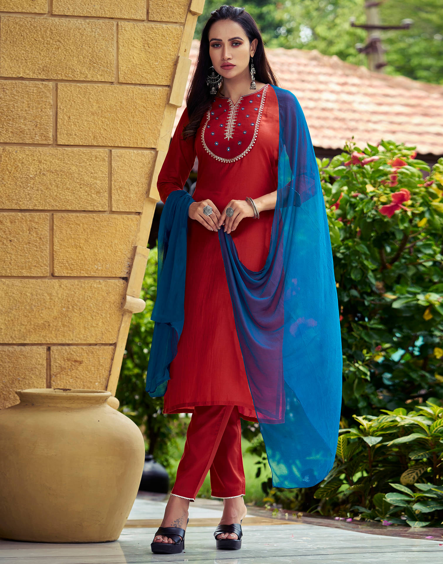     			Skylee Chiffon Embroidered Kurti With Pants Women's Stitched Salwar Suit - Red ( Pack of 1 )