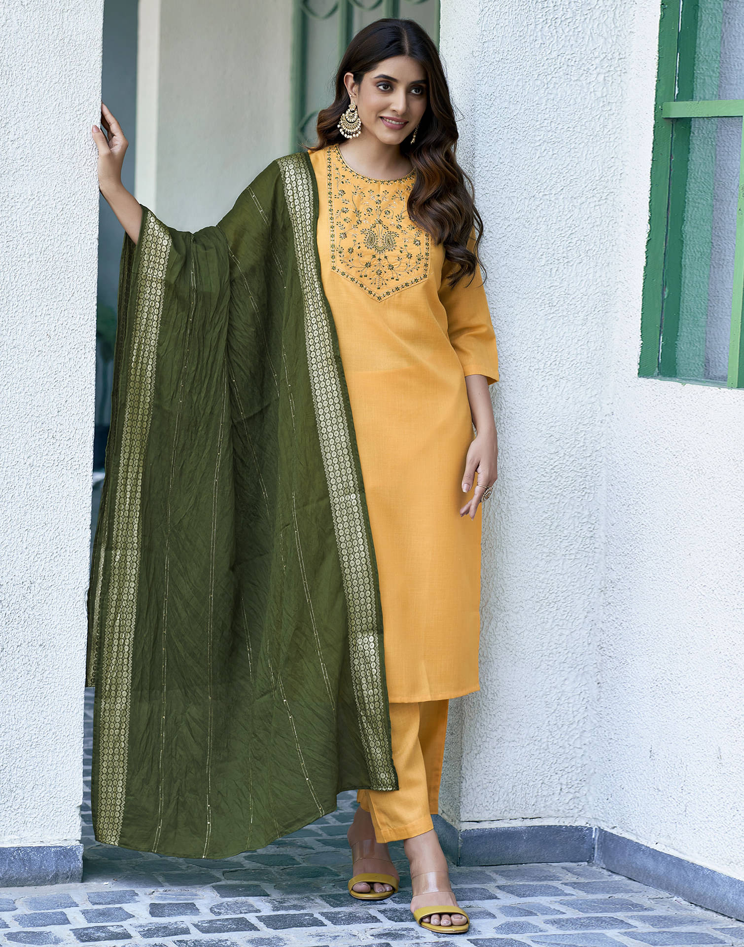     			Skylee Cotton Blend Embroidered Kurti With Pants Women's Stitched Salwar Suit - Yellow ( Pack of 1 )