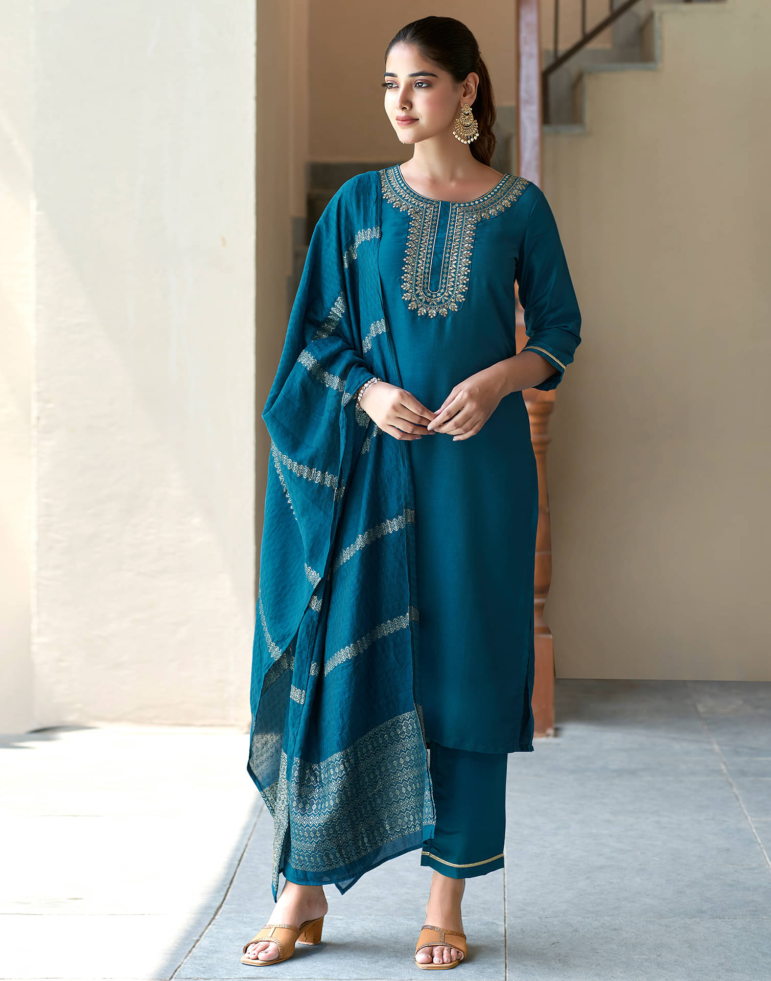 Skylee Cotton Blend Embroidered Kurti With Pants Women's Stitched Salwar Suit - Teal ( Pack of 1 ) Skylee Cotton Blend Embroidered Kurti With Pants Women's Stitched Salwar Suit - Teal ( Pack of 1 )