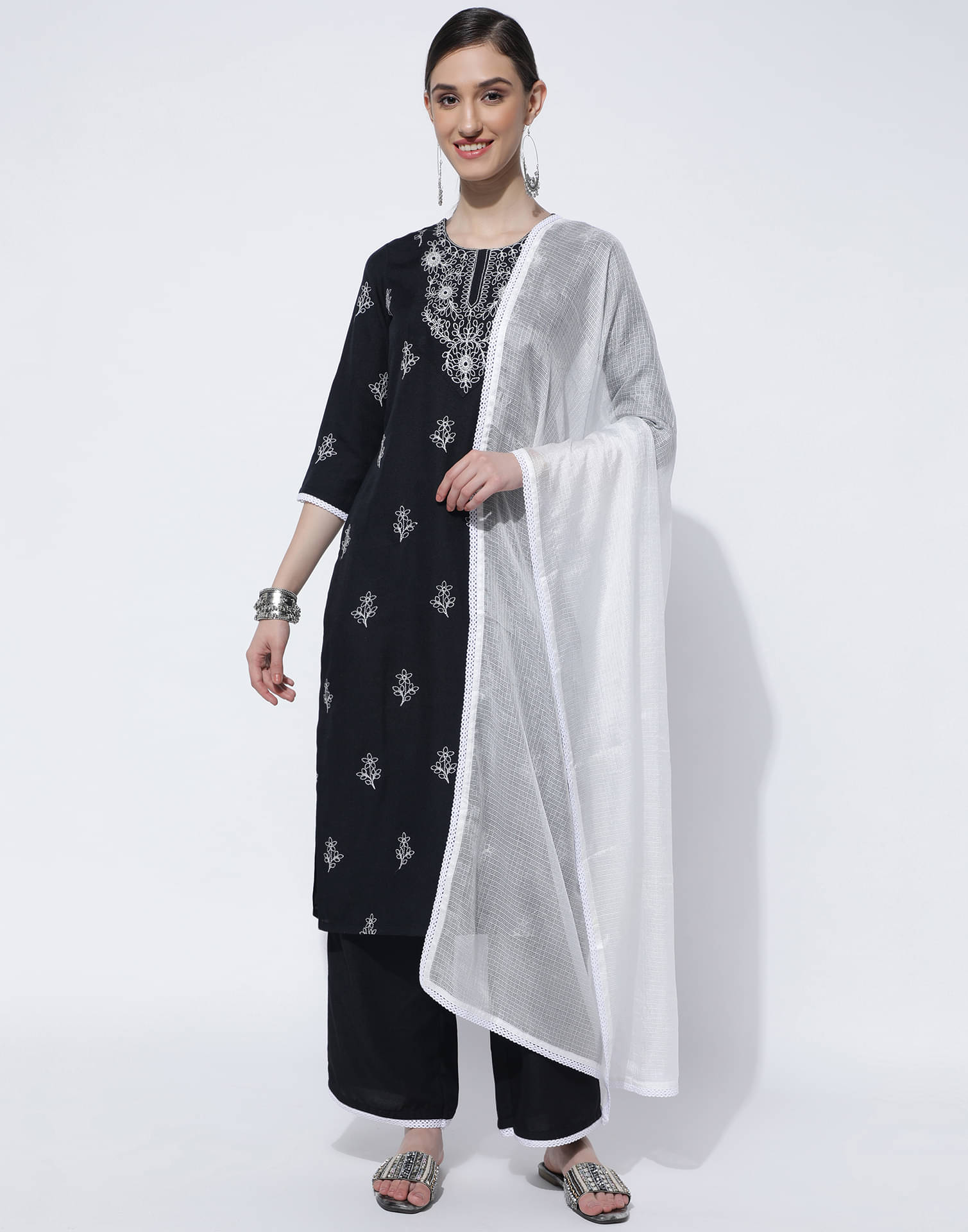     			Skylee Rayon Embroidered Kurti With Palazzo Women's Stitched Salwar Suit - Black ( Pack of 1 )