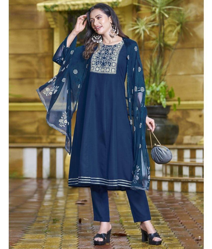 Skylee Rayon Embroidered Kurti With Pants Women's Stitched Salwar Suit - Navy Blue ( Pack of 1 ) Skylee Rayon Embroidered Kurti With Pants Women's Stitched Salwar Suit - Navy Blue ( Pack of 1 )