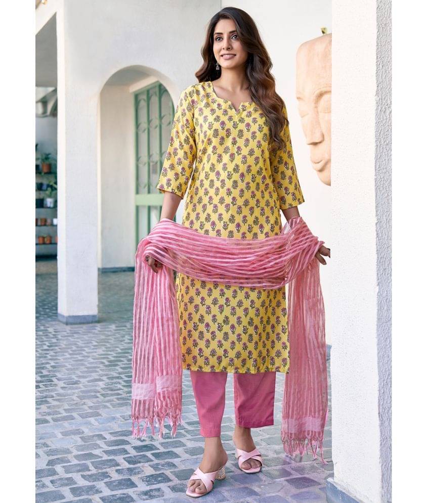 Skylee Rayon Printed Kurti With Pants Women's Stitched Salwar Suit - Yellow ( Pack of 1 ) Skylee Rayon Printed Kurti With Pants Women's Stitched Salwar Suit - Yellow ( Pack of 1 )