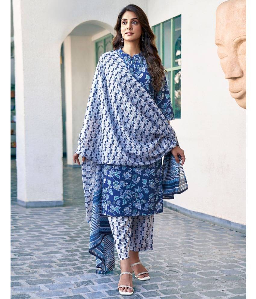     			Skylee Rayon Printed Kurti With Pants Women's Stitched Salwar Suit - Navy Blue ( Pack of 1 )
