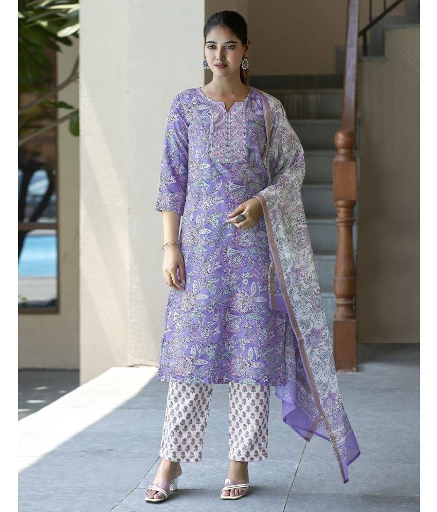     			Skylee Rayon Printed Kurti With Pants Women's Stitched Salwar Suit - Lavender ( Pack of 1 )