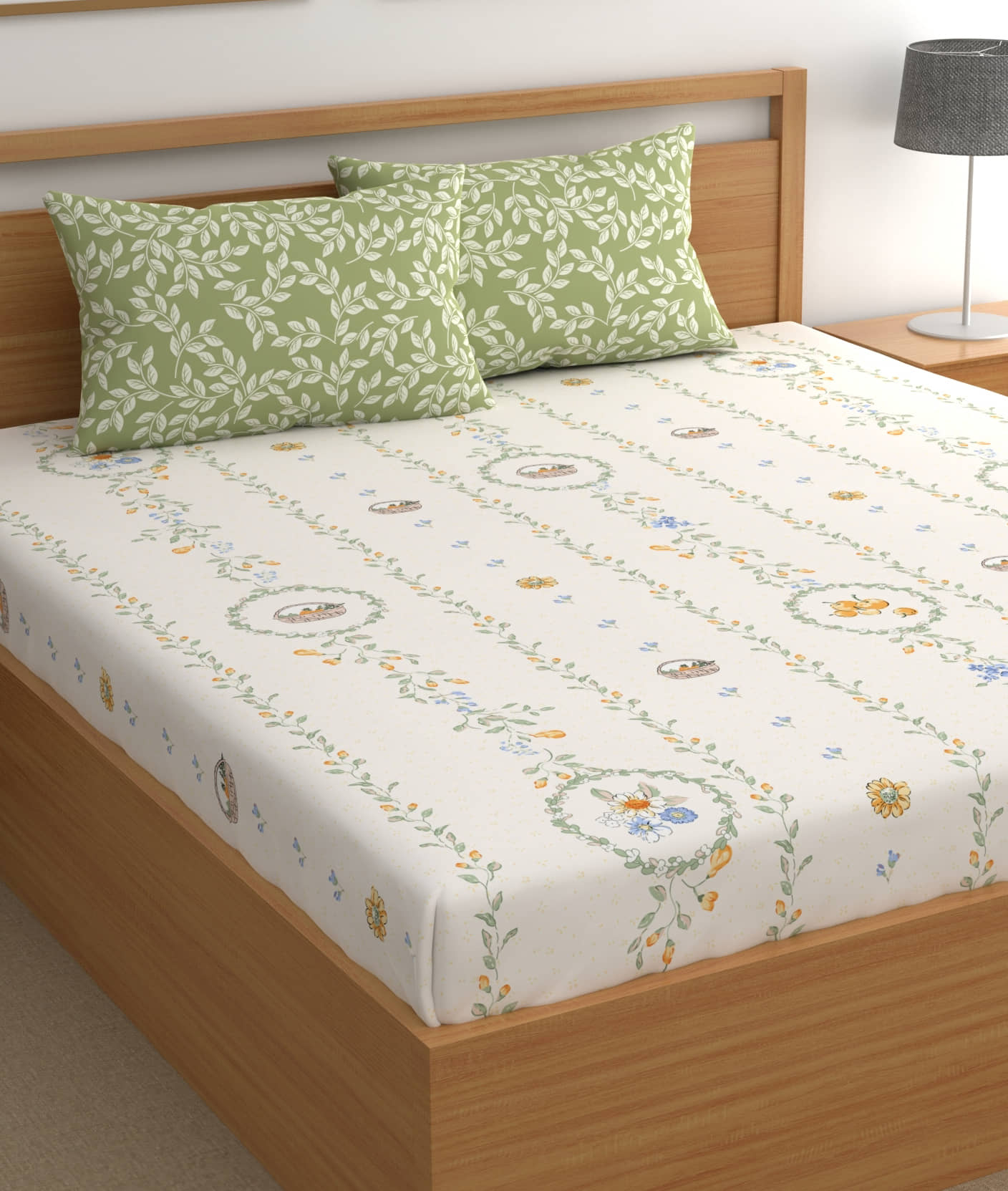 chhavi india Microfiber Floral 1 Double King Size Bedsheet with 2 Pillow Covers - Off White