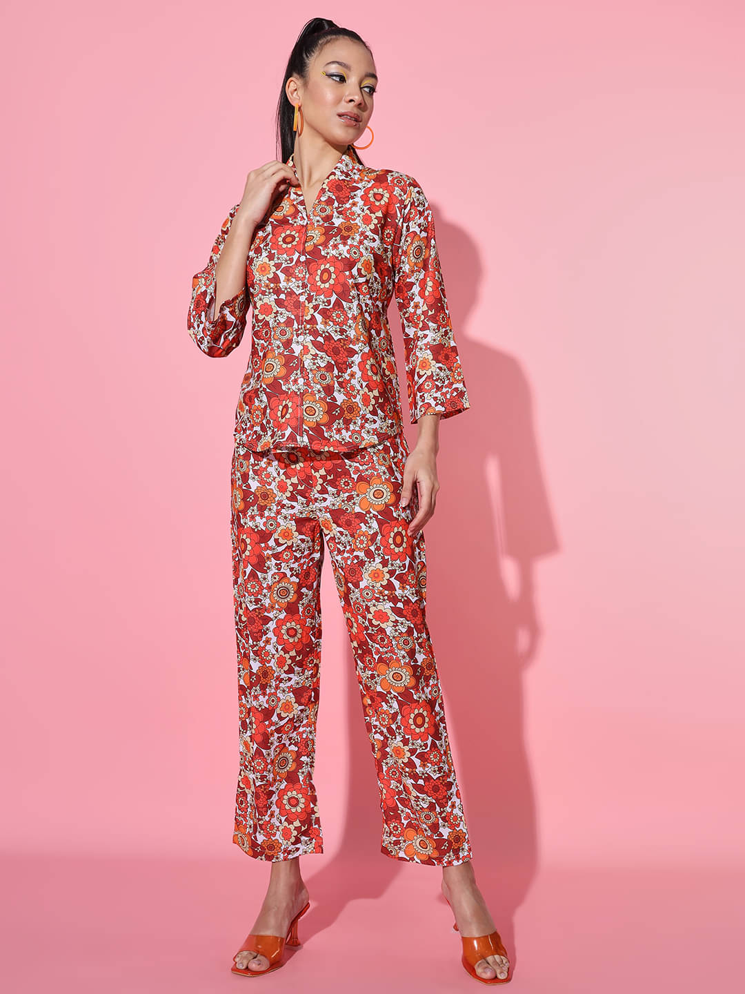     			Addyvero Women Printed Tunic With Trousers Co-Ord Set ( Orange )