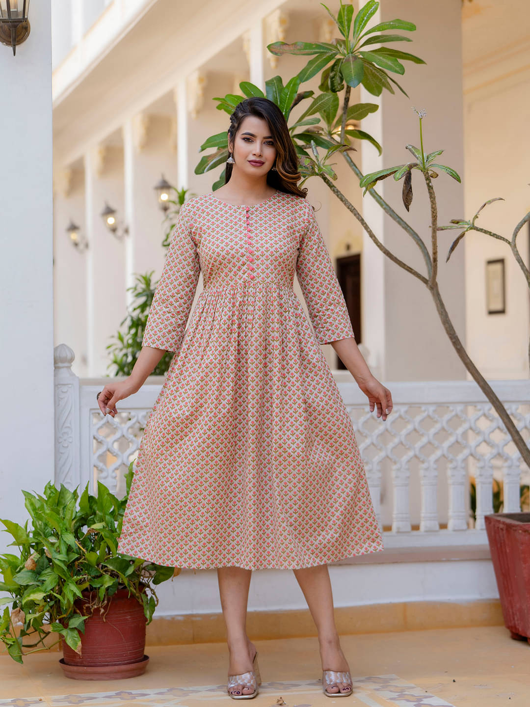     			Antaran Women Cotton Printed Fit & Flare Dress ( Beige )