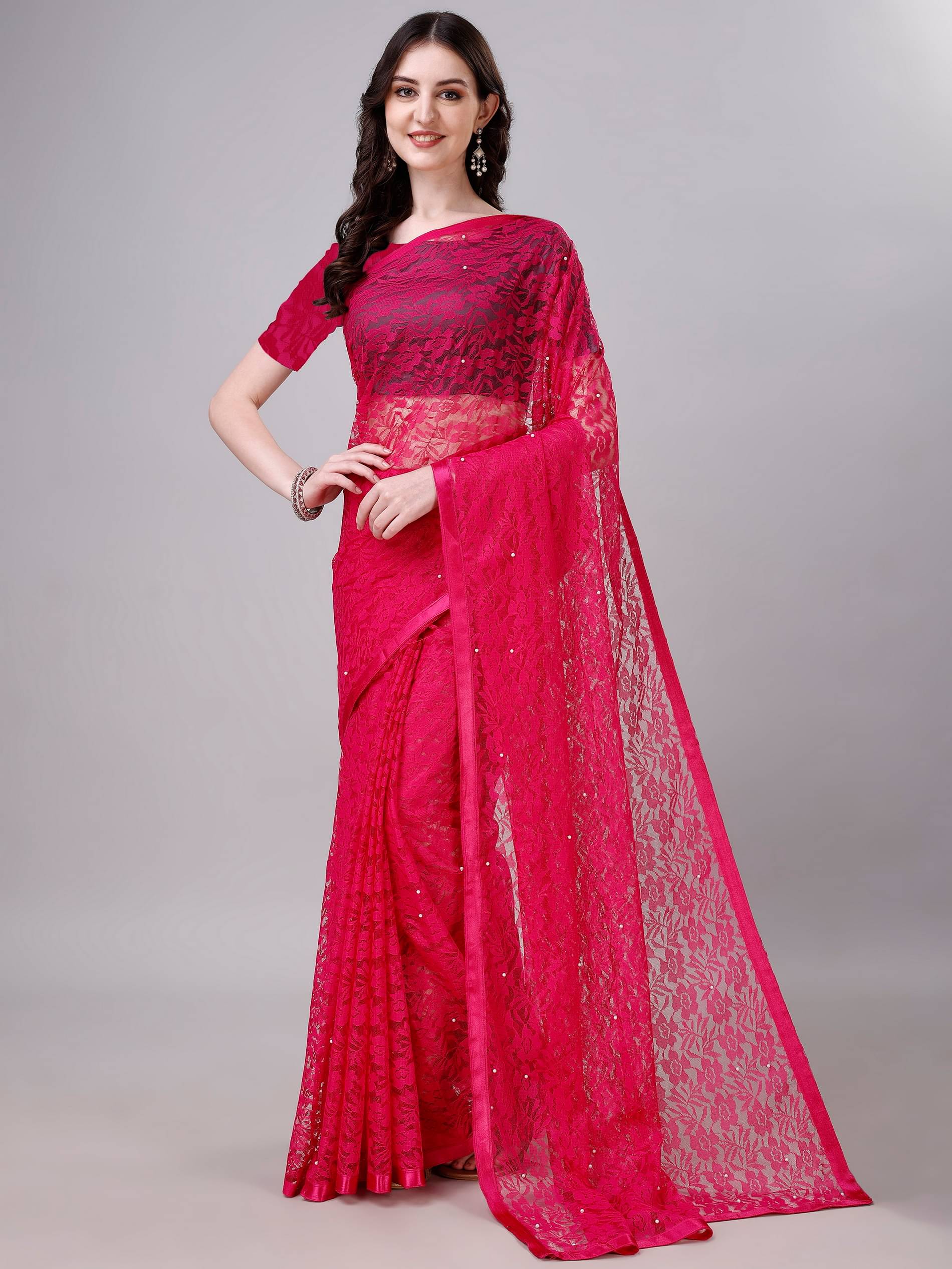     			DEVYOG ENTERPRISE Brasso Self Design Saree With Unstitched Blouse Piece ( Rani )