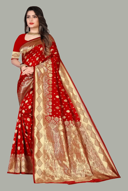 GARIYA Banarasi Silk Embellished Saree With Unstitched Blouse Piece ( Wine ) - Sarees | Buy online on ZillyBuy