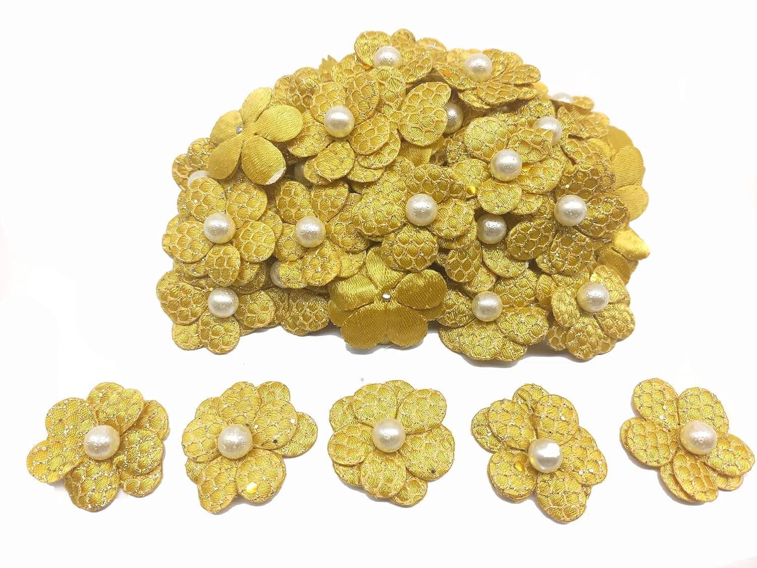     			PRANSUNITA Stem Less Fabric Decoration Flower with White Beads, Size - 3 cm, Handmade for Dresses, Gift Wedding Packaging, Radha Krishna & Baby Shower, Pack of 25 pcs (Golden)