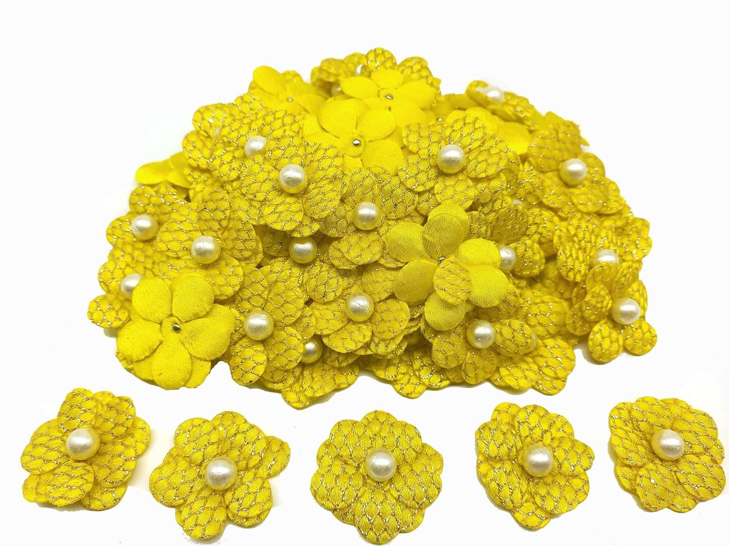     			PRANSUNITA Stem Less Fabric Decoration Flower with White Beads, Size - 3 cm, Handmade for Dresses, Gift Wedding Packaging, Radha Krishna & Baby Shower, Pack of 25 pcs (Lemon Yellow)