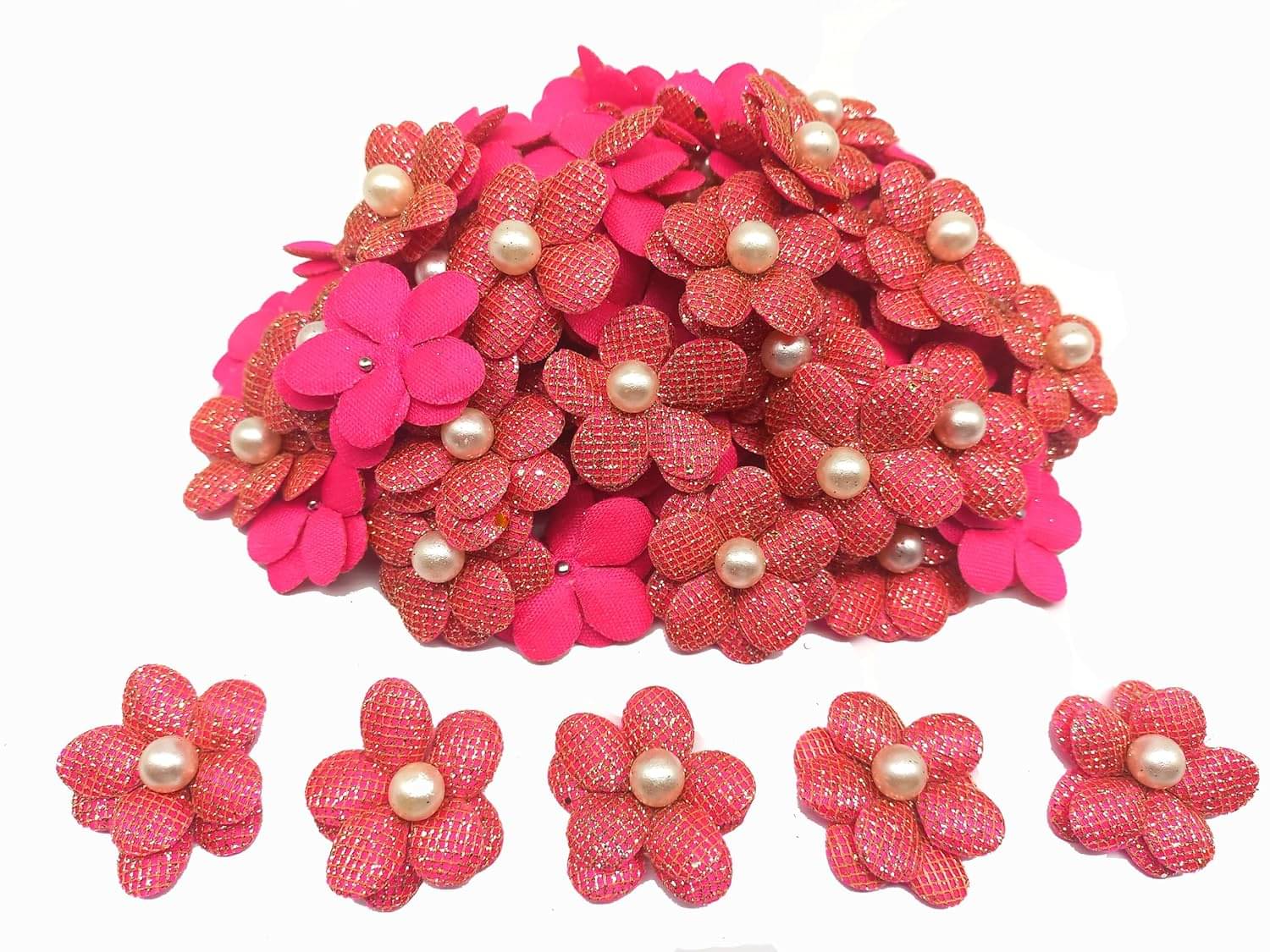     			PRANSUNITA Stem Less Fabric Decoration Flower with White Beads, Size - 3 cm, Handmade for Dresses, Gift Wedding Packaging, Radha Krishna & Baby Shower, Pack of 25 pcs (Magenta)