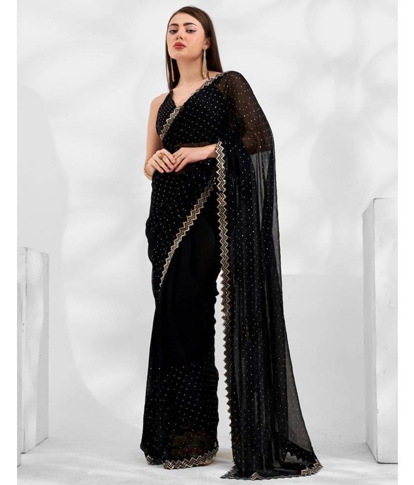     			Satrani Chiffon Embellished Saree With Unstitched Blouse Piece ( Black )