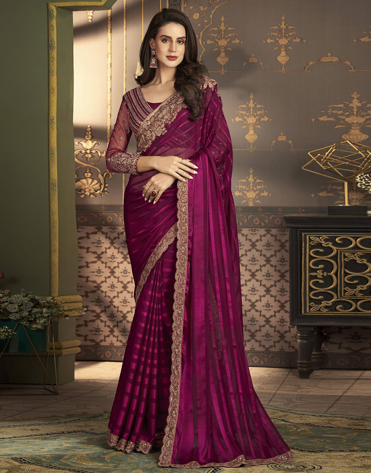     			Satrani Chiffon Embellished Saree With Unstitched Blouse Piece ( Wine )