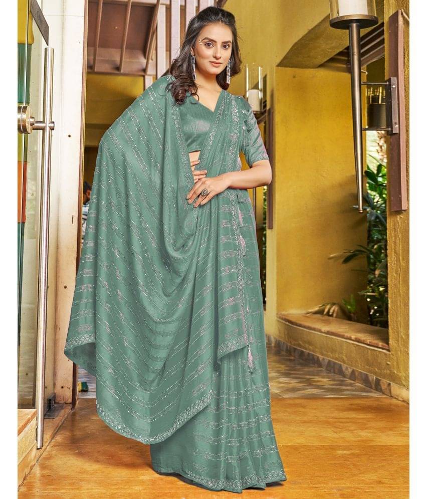 Satrani Chiffon Embellished Saree With Unstitched Blouse Piece ( Green ) Satrani Chiffon Embellished Saree With Unstitched Blouse Piece ( Green )