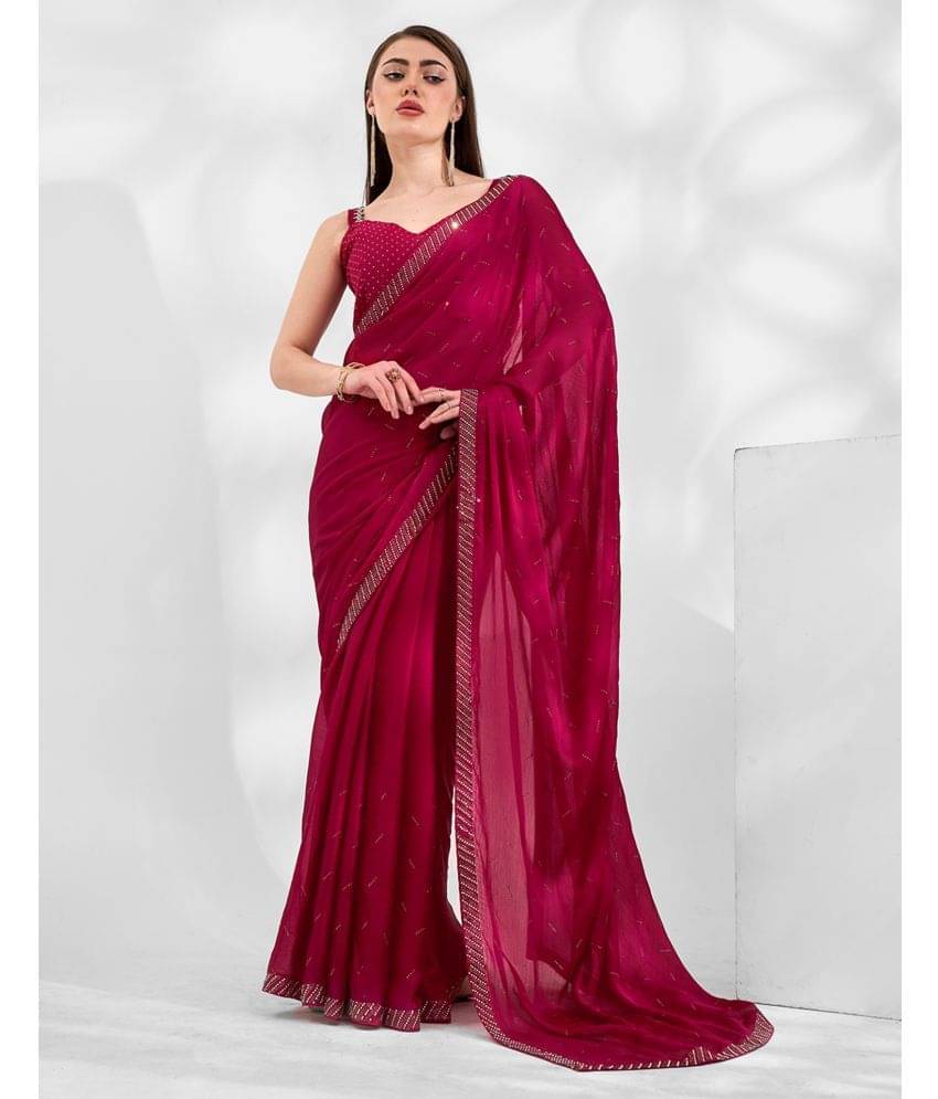     			Satrani Chiffon Embellished Saree With Unstitched Blouse Piece ( Maroon )