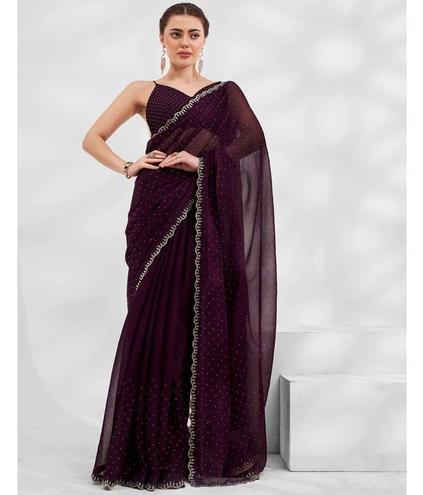Satrani Chiffon Embellished Saree With Unstitched Blouse Piece ( Wine ) Satrani Chiffon Embellished Saree With Unstitched Blouse Piece ( Wine )