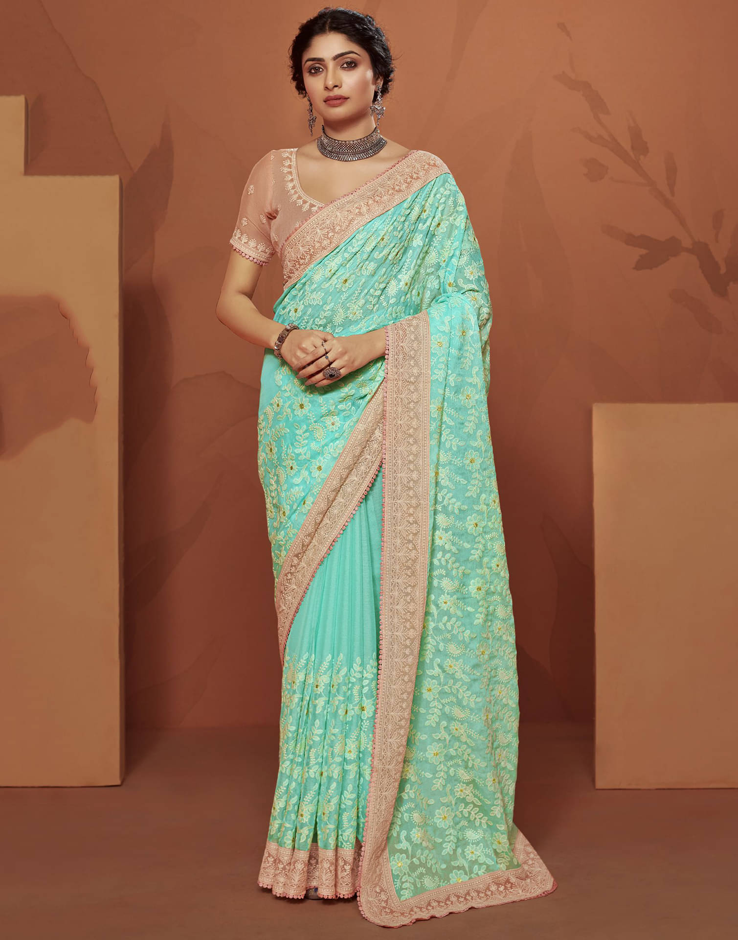     			Satrani Chiffon Embroidered Saree With Unstitched Blouse Piece ( Mint Green )