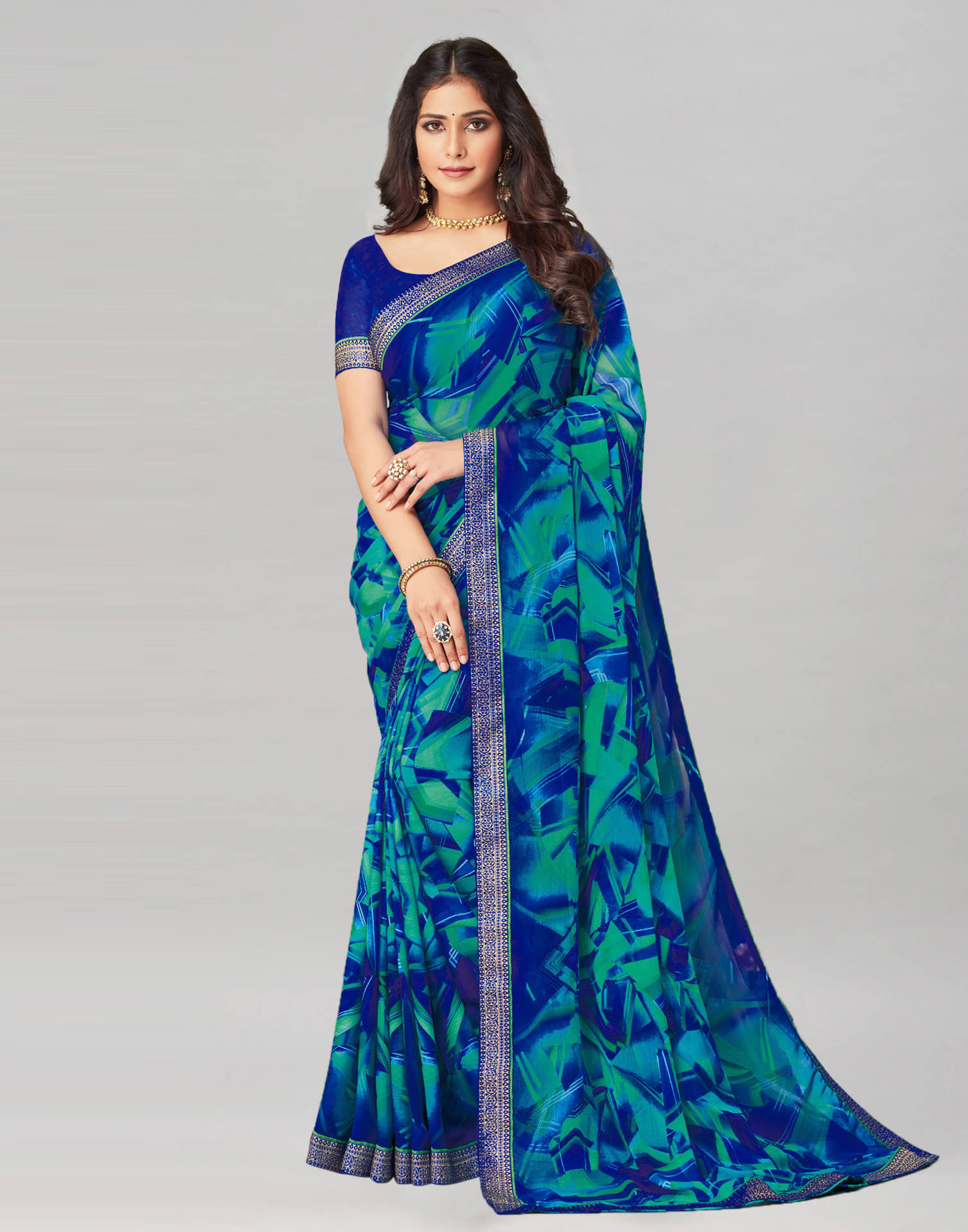     			Satrani Chiffon Printed Ready to Wear Saree With Unstitched Blouse Piece ( Blue )