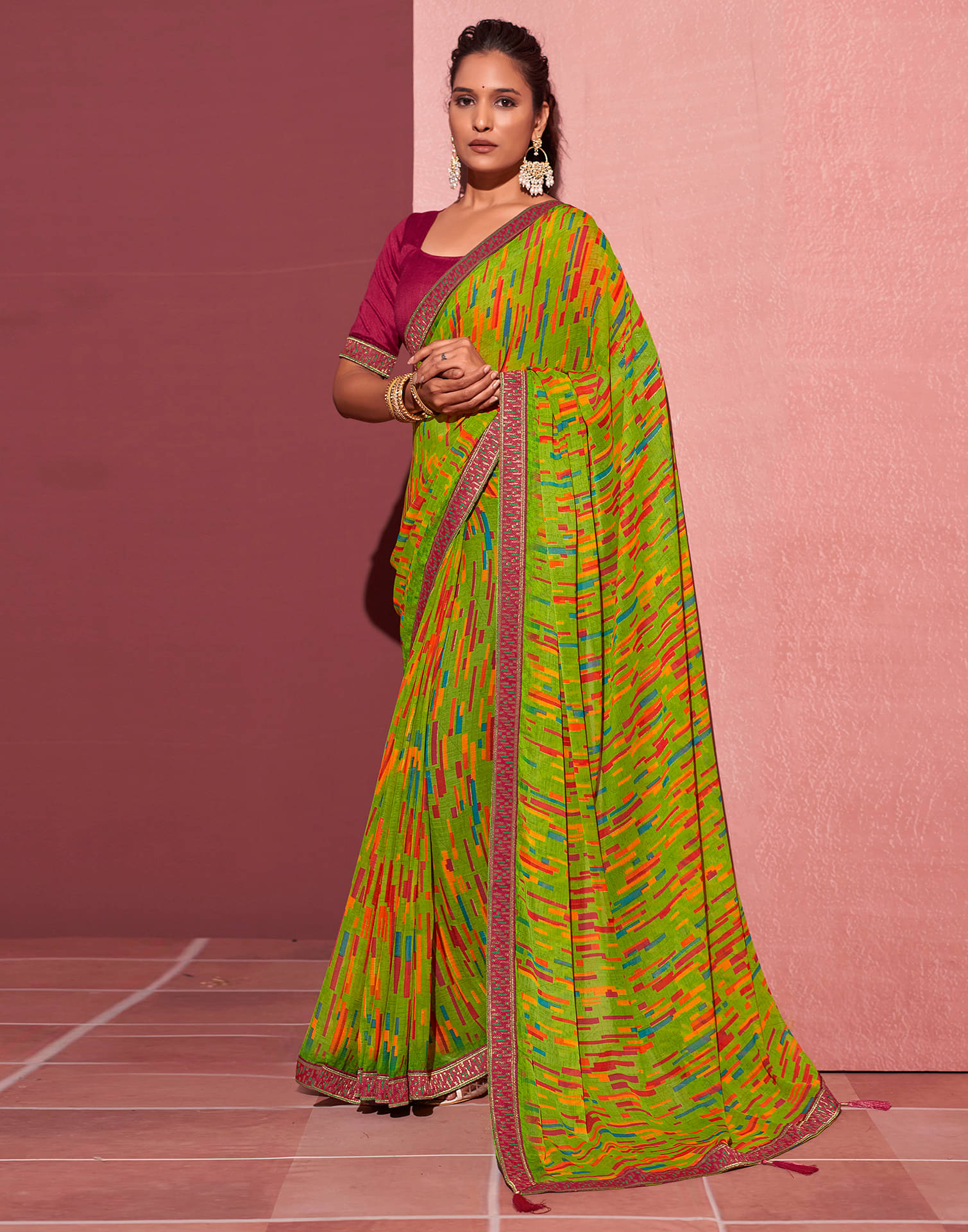 Satrani Chiffon Printed Saree With Unstitched Blouse Piece ( Green ) Satrani Chiffon Printed Saree With Unstitched Blouse Piece ( Green )