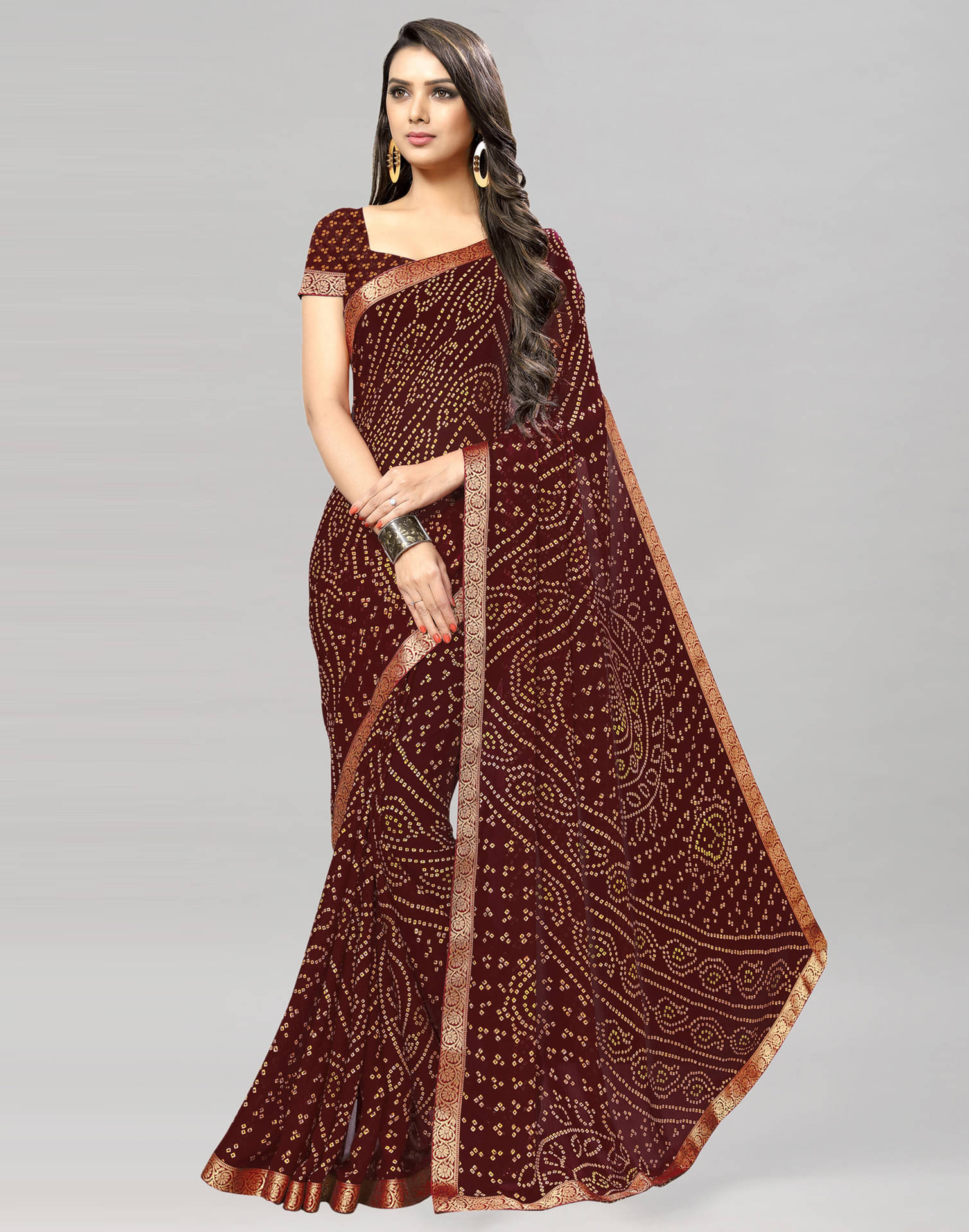     			Satrani Chiffon Printed Ready to Wear Saree With Unstitched Blouse Piece ( Maroon )