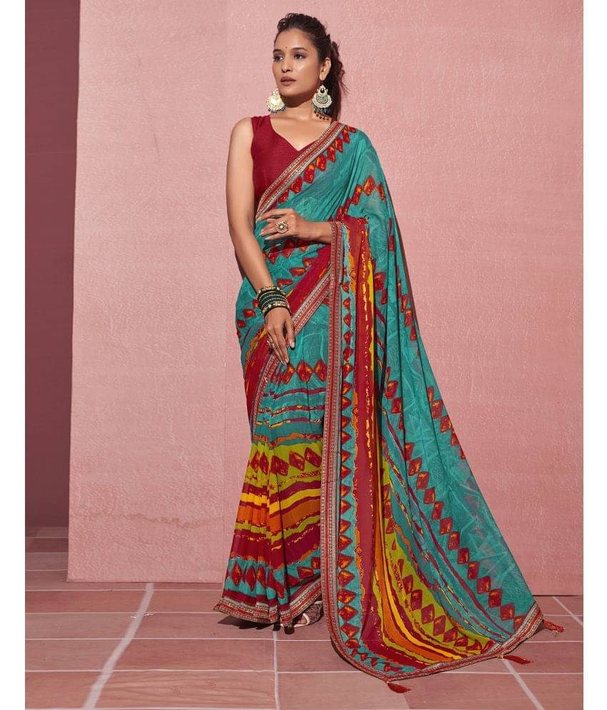 Satrani Chiffon Printed Saree With Unstitched Blouse Piece ( Teal ) Satrani Chiffon Printed Saree With Unstitched Blouse Piece ( Teal )