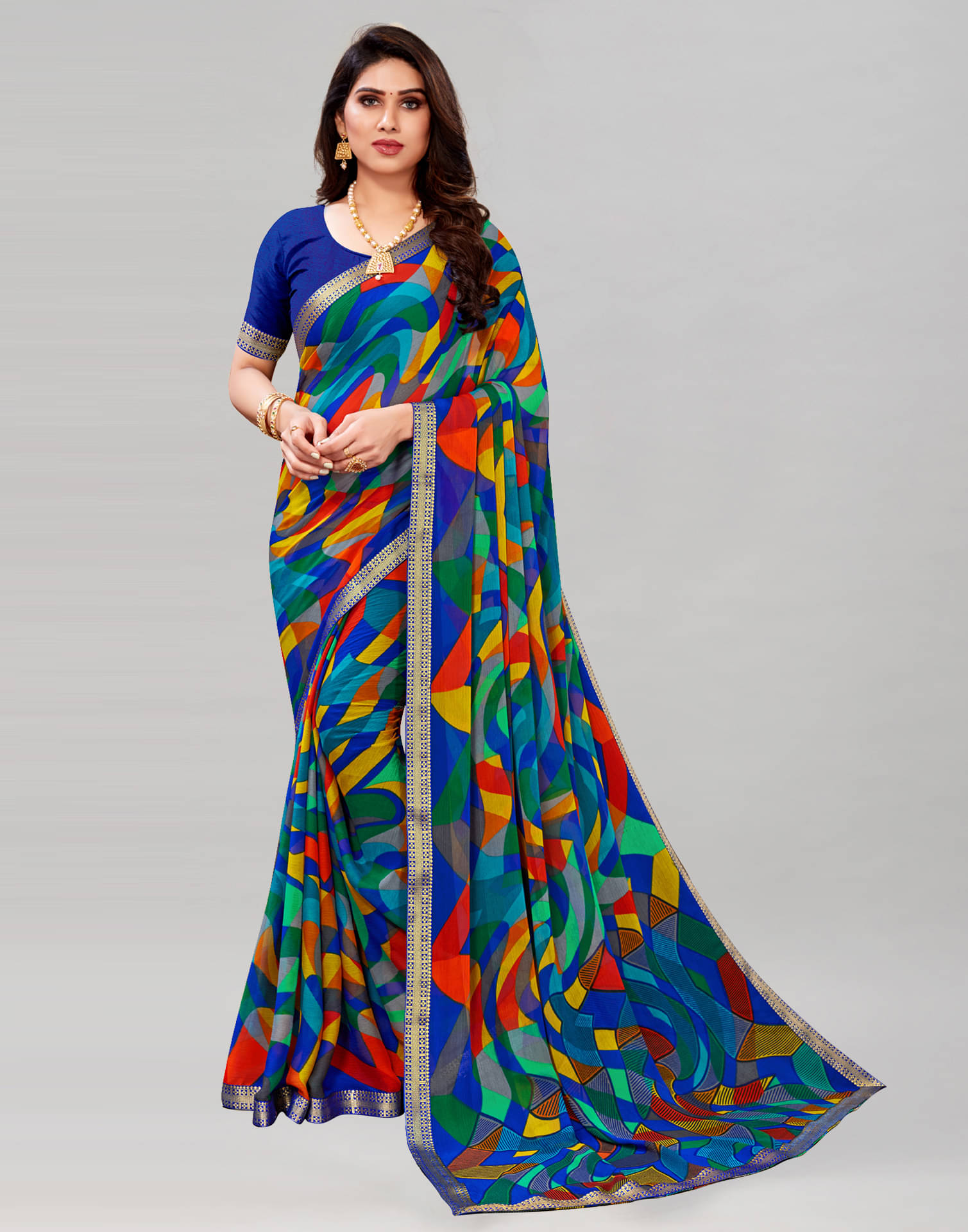 Satrani Chiffon Printed Saree With Unstitched Blouse Piece ( Multicolor ) Satrani Chiffon Printed Saree With Unstitched Blouse Piece ( Multicolor )