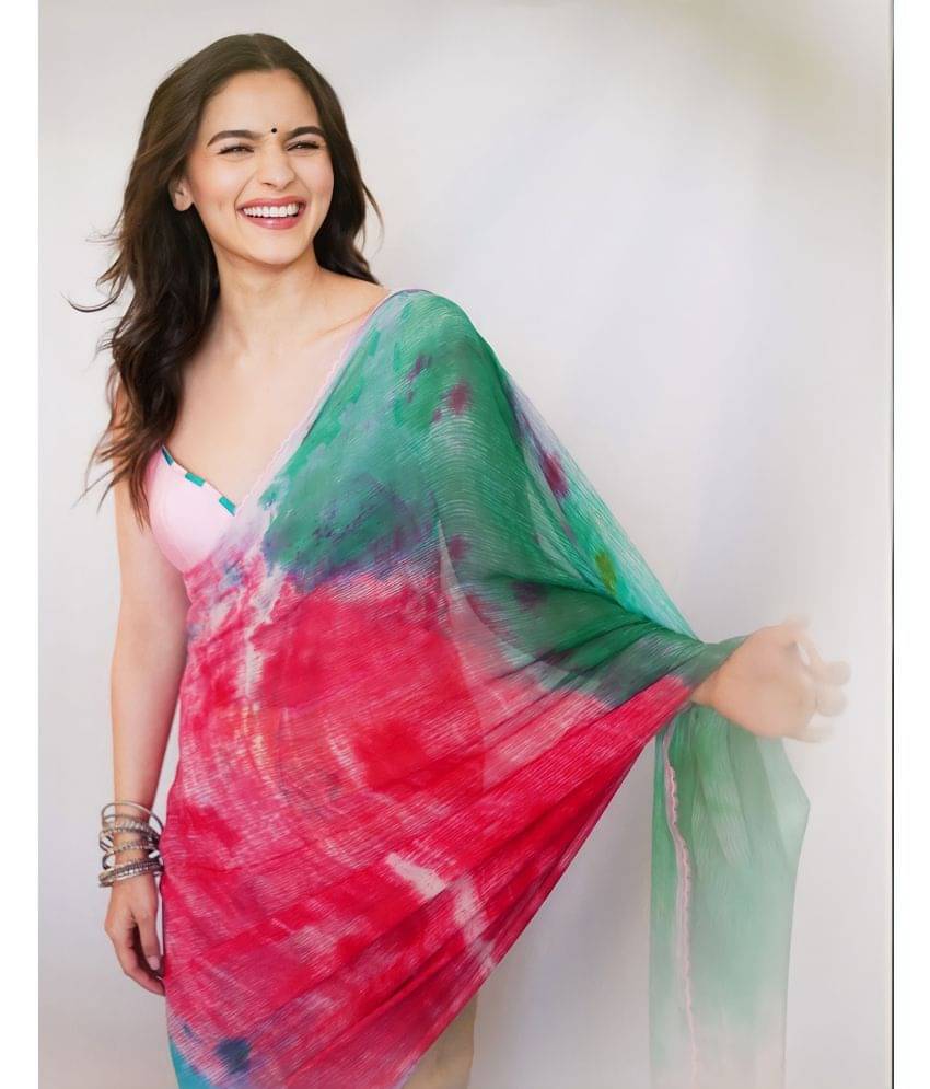     			Satrani Chiffon Printed Saree With Unstitched Blouse Piece ( Red )
