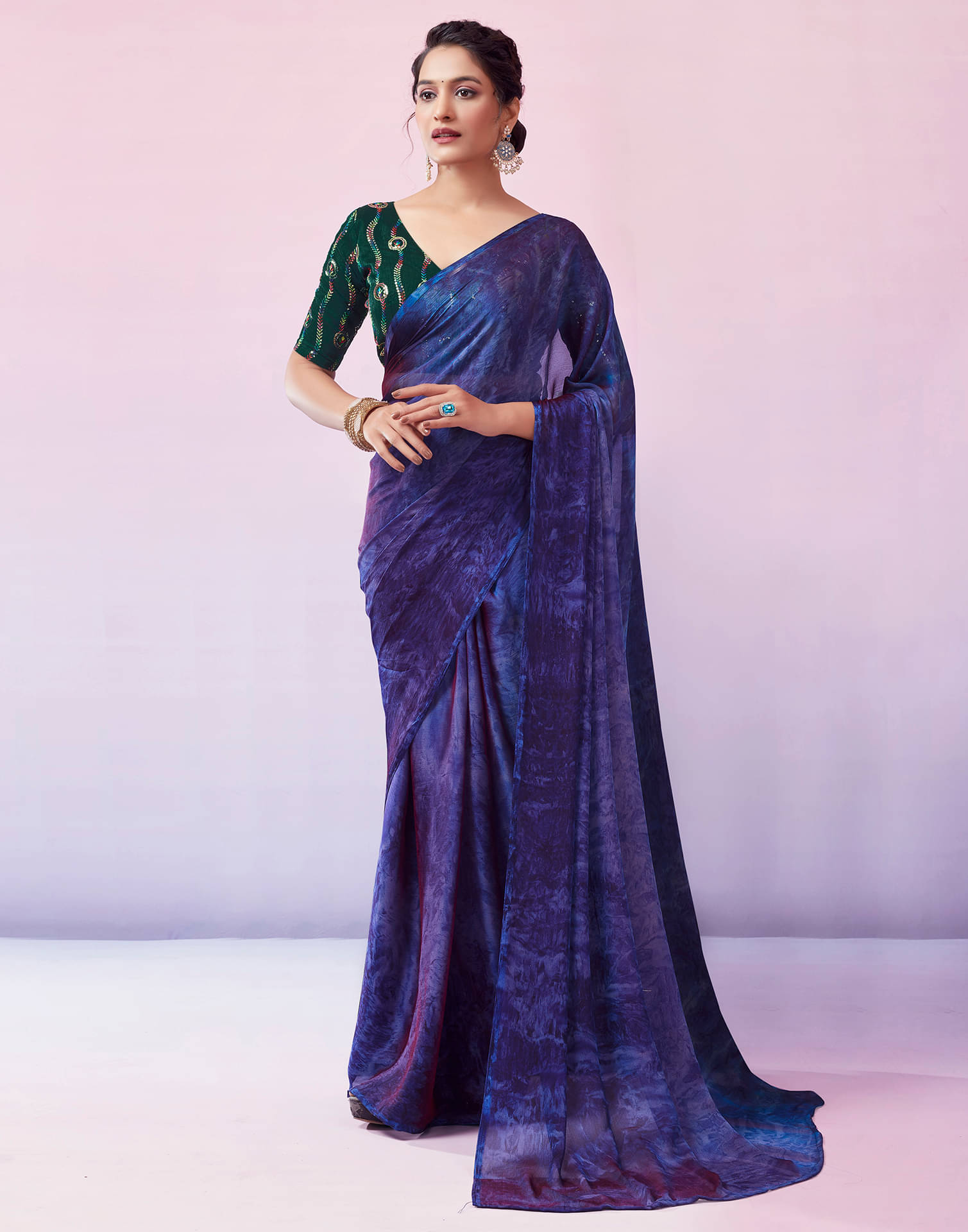     			Satrani Chiffon Printed Ready to Wear Saree With Unstitched Blouse Piece ( LightBLue )