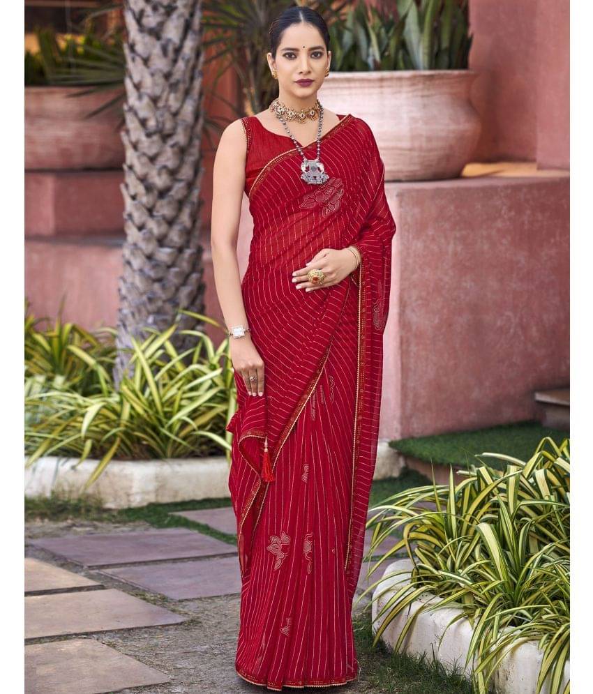     			Satrani Chiffon Self Design Saree With Unstitched Blouse Piece ( Red )