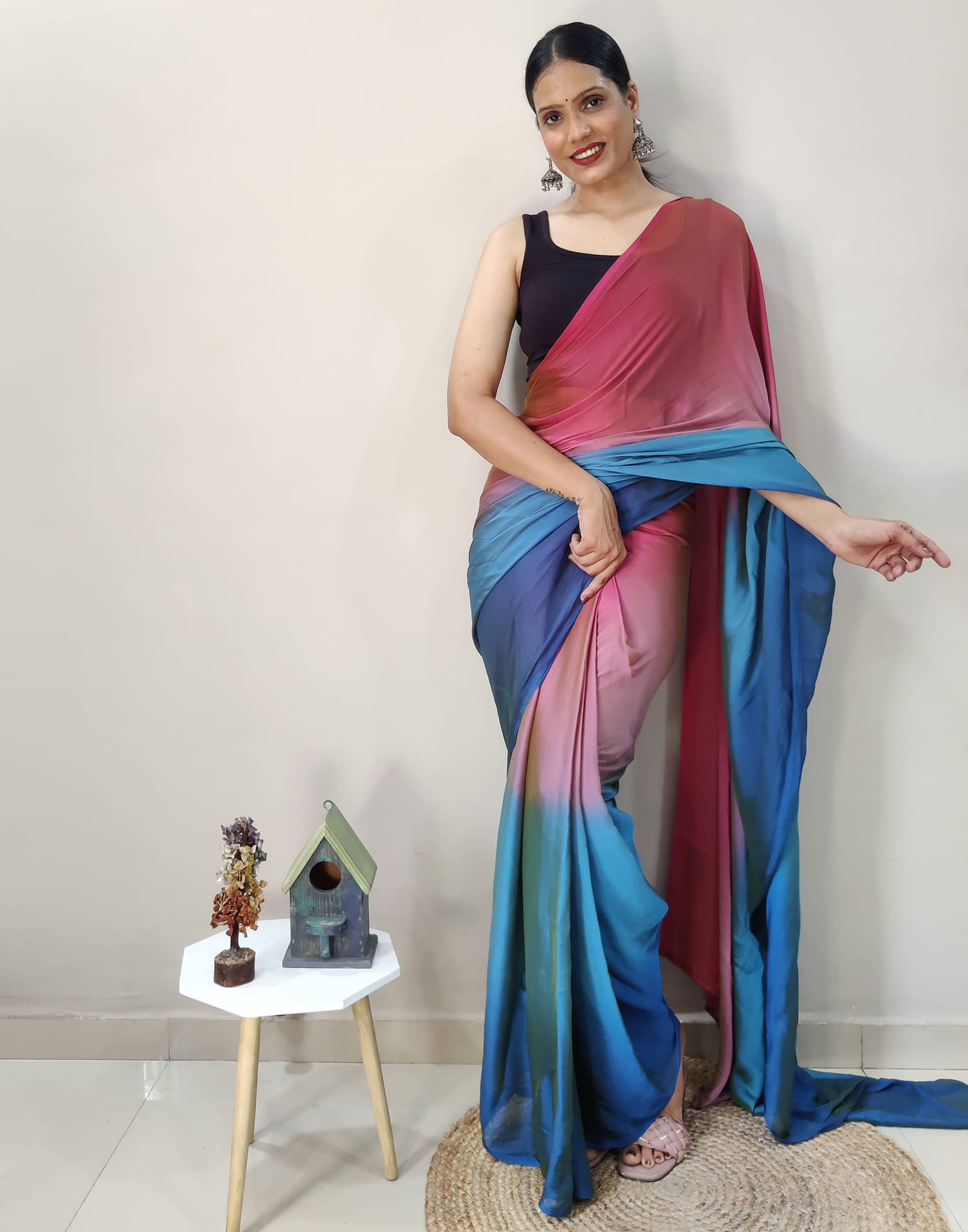 Satrani Chiffon Solid Ready to Wear Saree With Unstitched Blouse Piece ( Pink )     			Satrani Chiffon Solid Ready to Wear Saree With Unstitched Blouse Piece ( Pink )