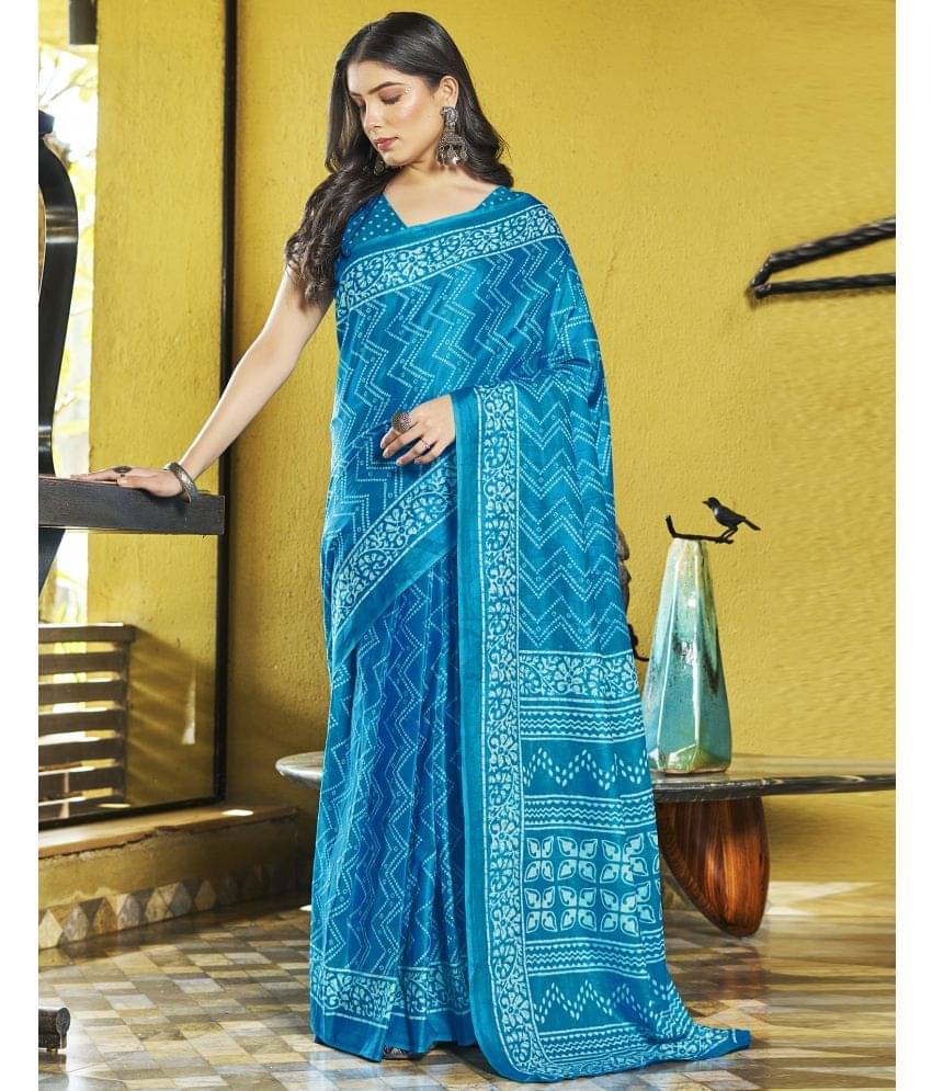     			Satrani Cotton Printed Ready to Wear Saree With Unstitched Blouse Piece ( Blue )