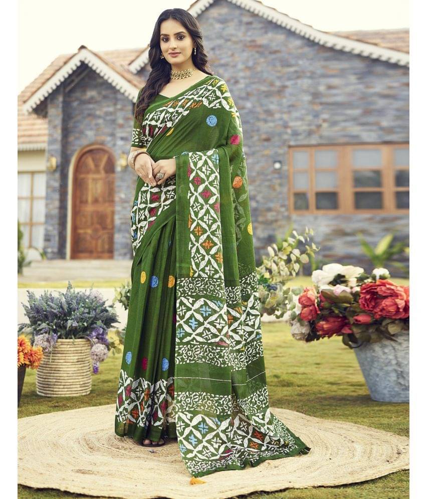     			Satrani Cotton Printed Ready to Wear Saree With Unstitched Blouse Piece ( Green )