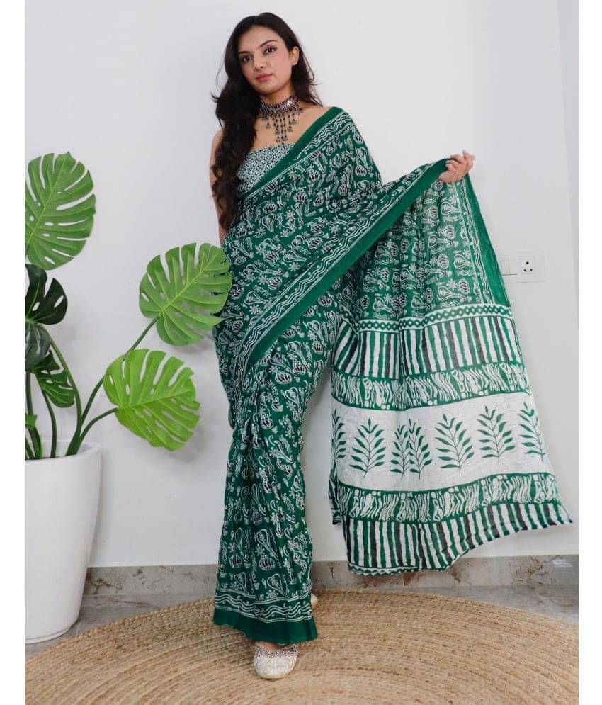     			Satrani Cotton Printed Ready to Wear Saree With Unstitched Blouse Piece ( Green )