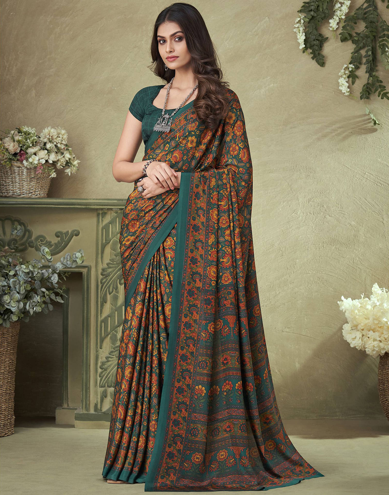     			Satrani Crepe Printed Saree With Unstitched Blouse Piece ( Green )