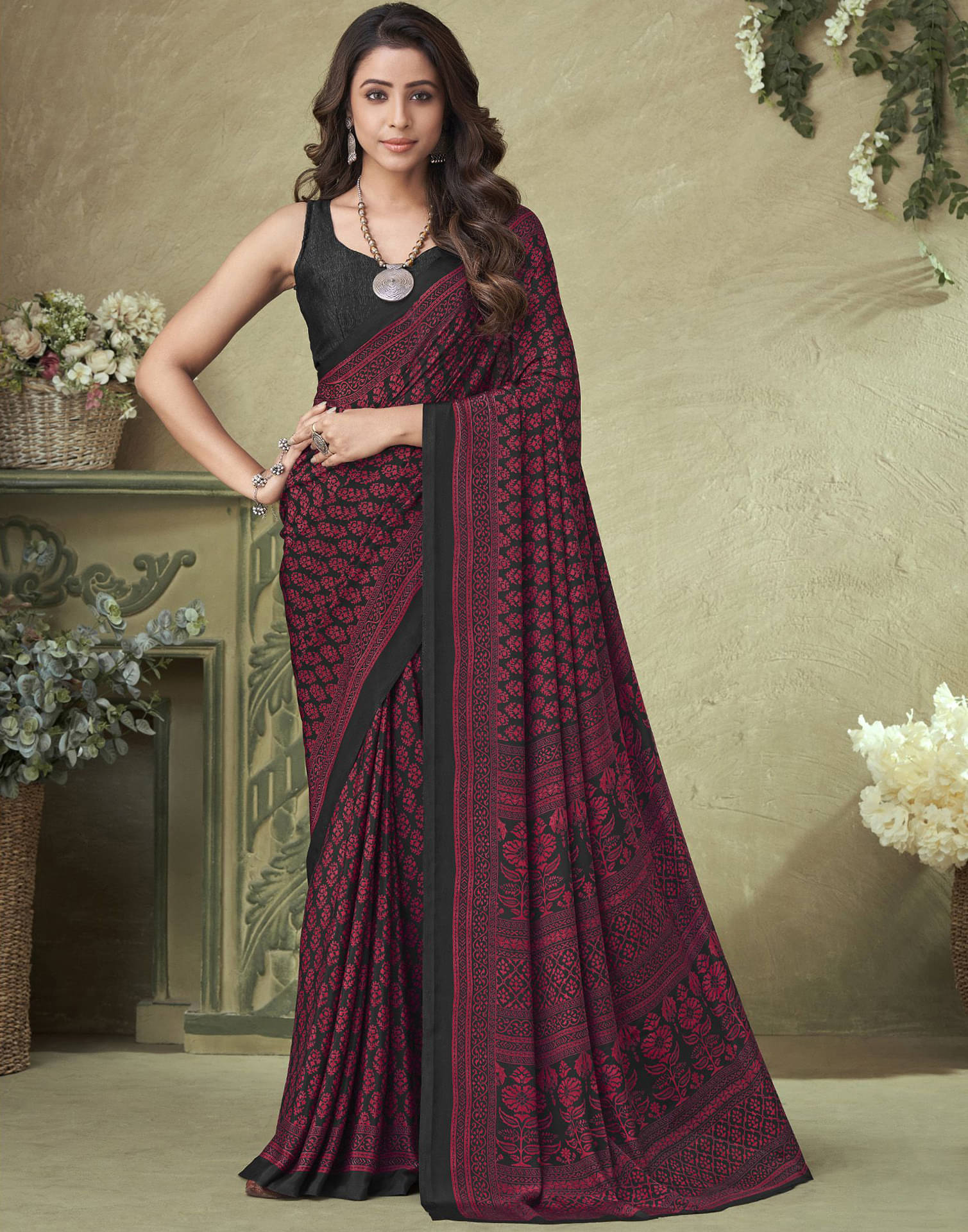 Satrani Crepe Printed Saree With Unstitched Blouse Piece ( Red ) Satrani Crepe Printed Saree With Unstitched Blouse Piece ( Red )