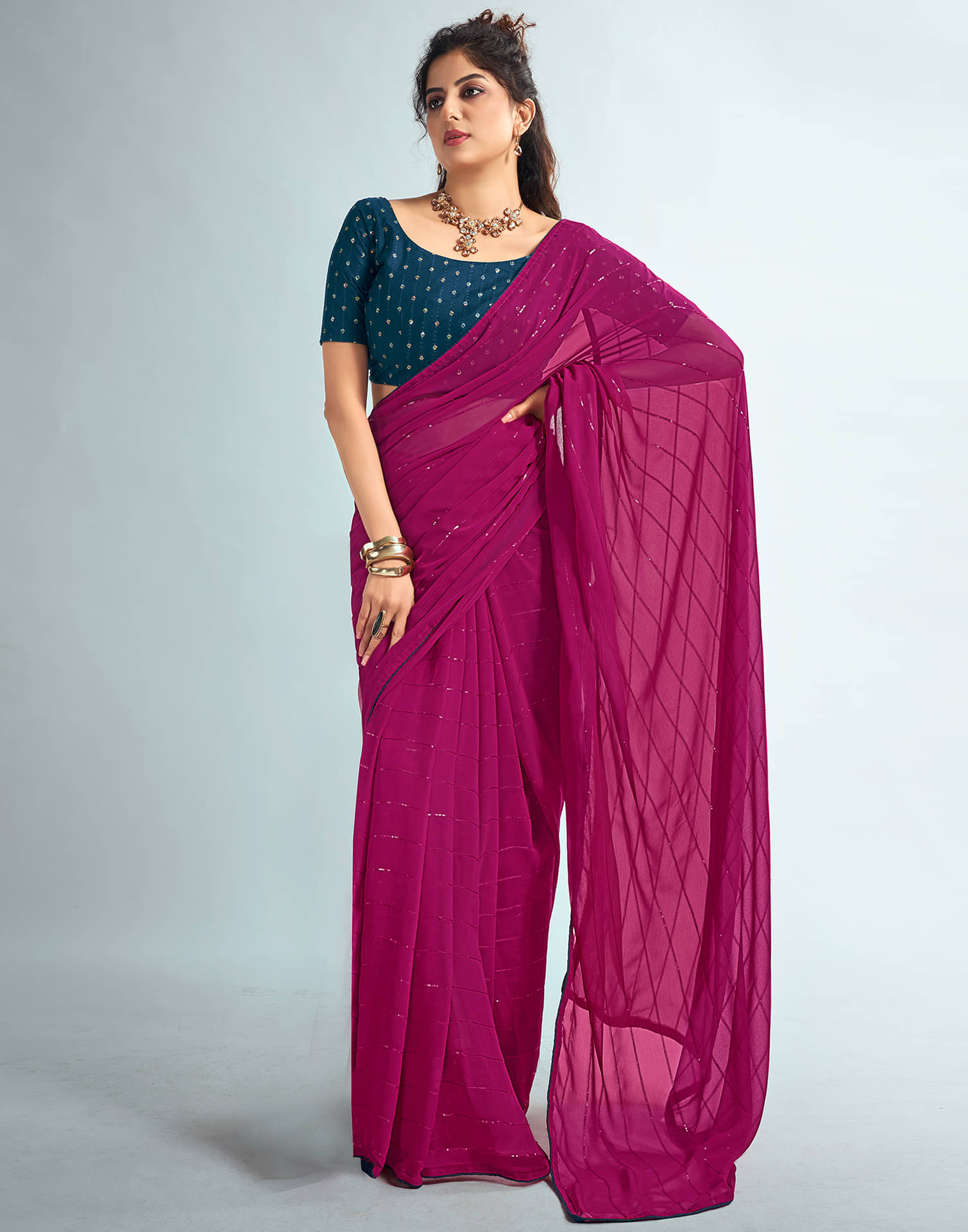 Satrani Georgette Embellished Saree With Unstitched Blouse Piece ( Rani ) Satrani Georgette Embellished Saree With Unstitched Blouse Piece ( Rani )