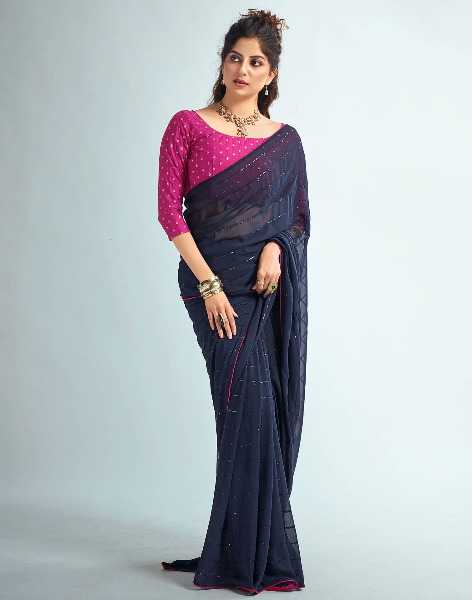 Satrani Georgette Embellished Saree With Unstitched Blouse Piece ( Blue ) Satrani Georgette Embellished Saree With Unstitched Blouse Piece ( Blue )