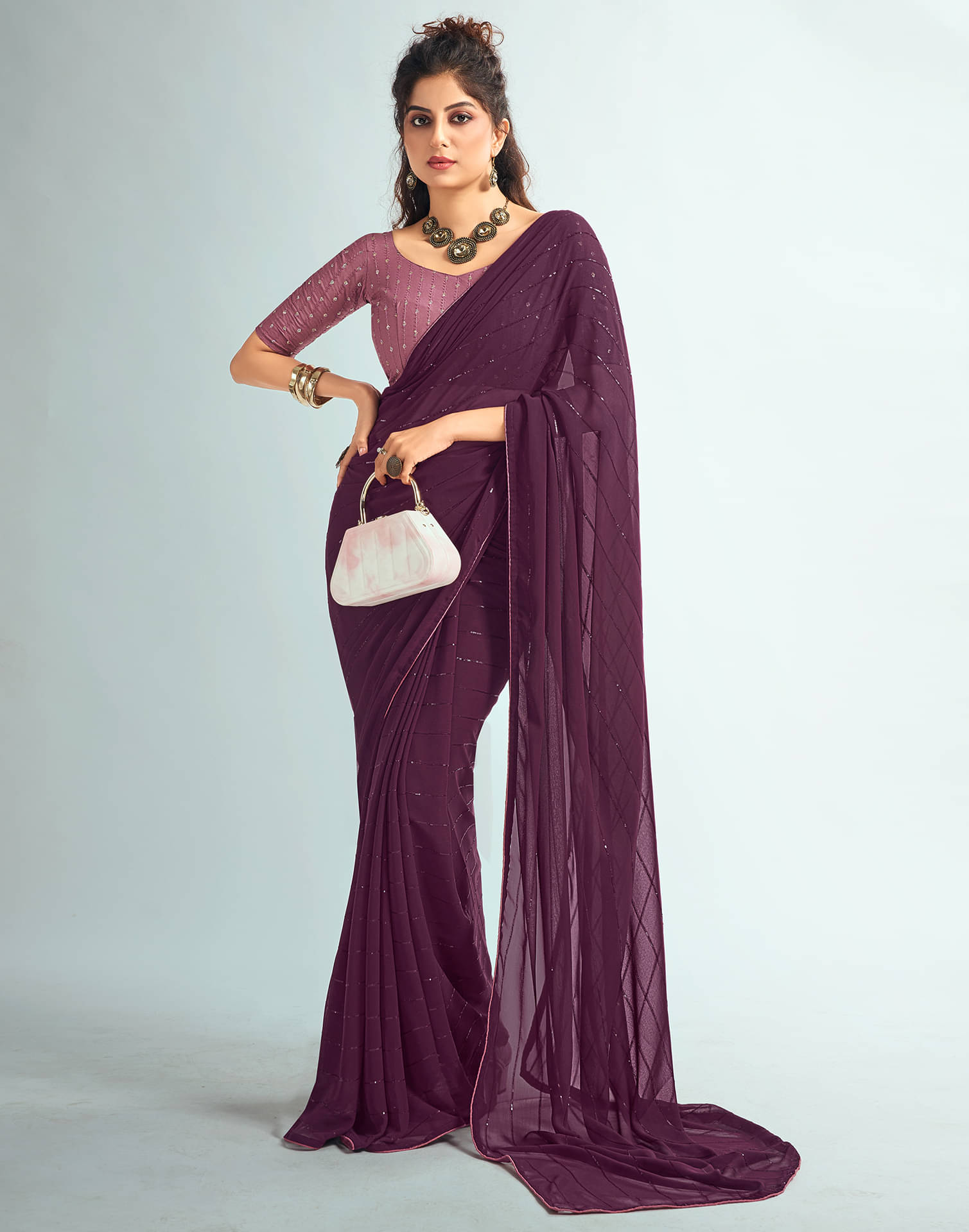 Satrani Georgette Embellished Saree With Unstitched Blouse Piece ( Purple ) Satrani Georgette Embellished Saree With Unstitched Blouse Piece ( Purple )