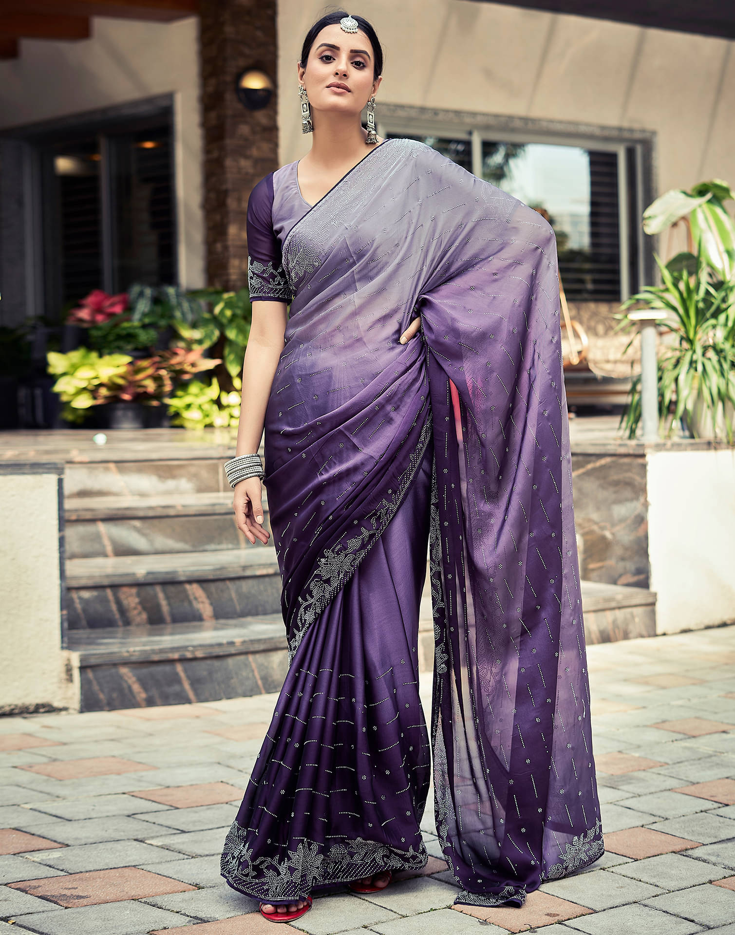 Satrani Georgette Embellished Ready to Wear Saree With Unstitched Blouse Piece ( Purple ) Satrani Georgette Embellished Ready to Wear Saree With Unstitched Blouse Piece ( Purple )