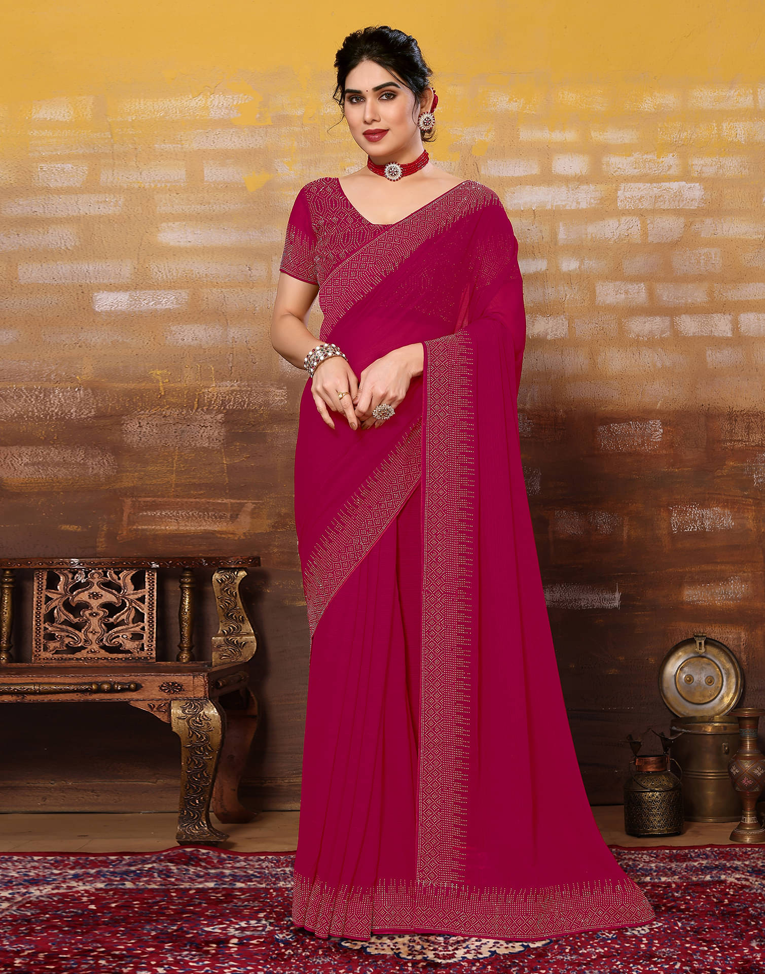 Satrani Georgette Embellished Saree With Unstitched Blouse Piece ( Rani ) Satrani Georgette Embellished Saree With Unstitched Blouse Piece ( Rani )