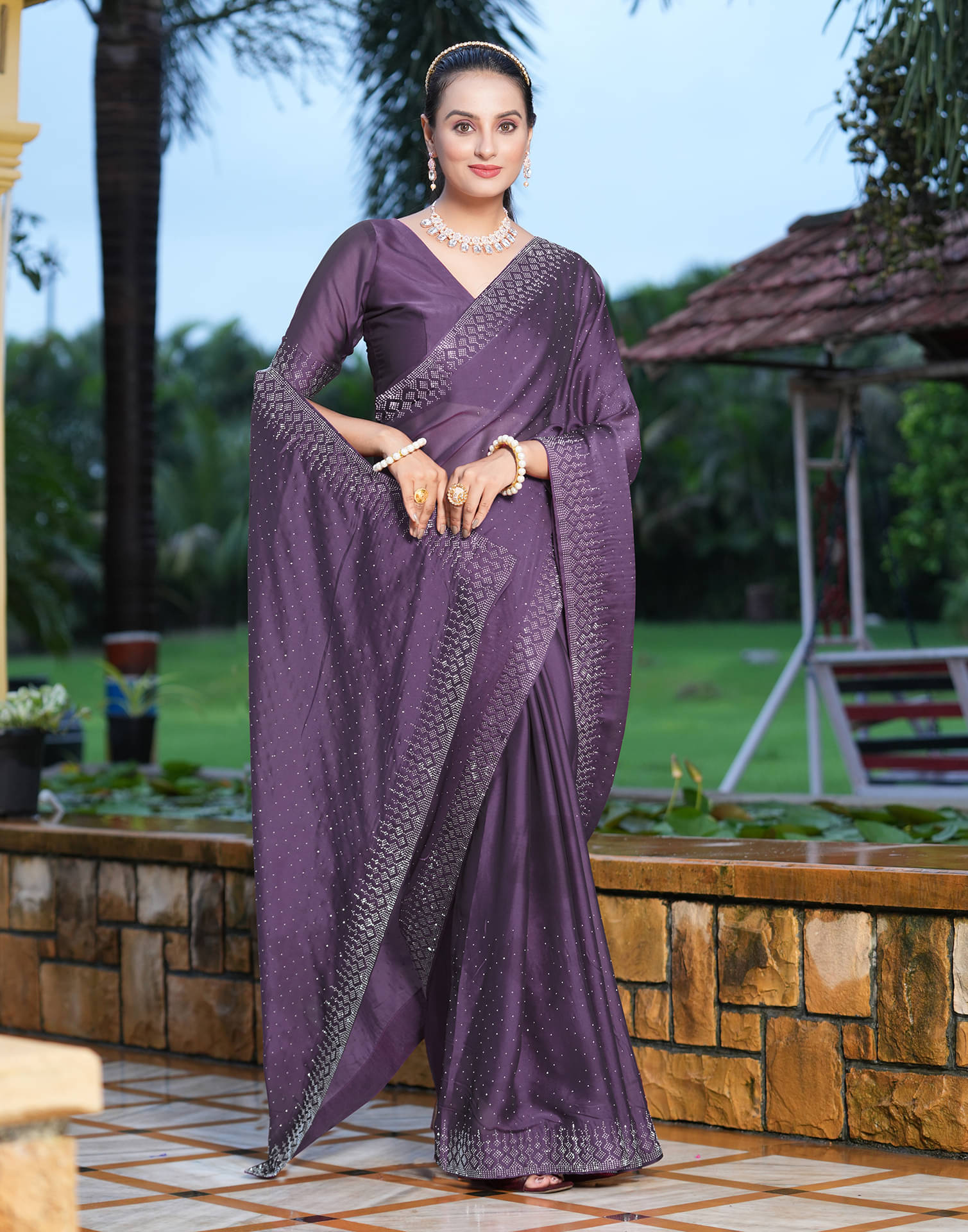     			Satrani Georgette Embellished Saree With Unstitched Blouse Piece ( Purple )
