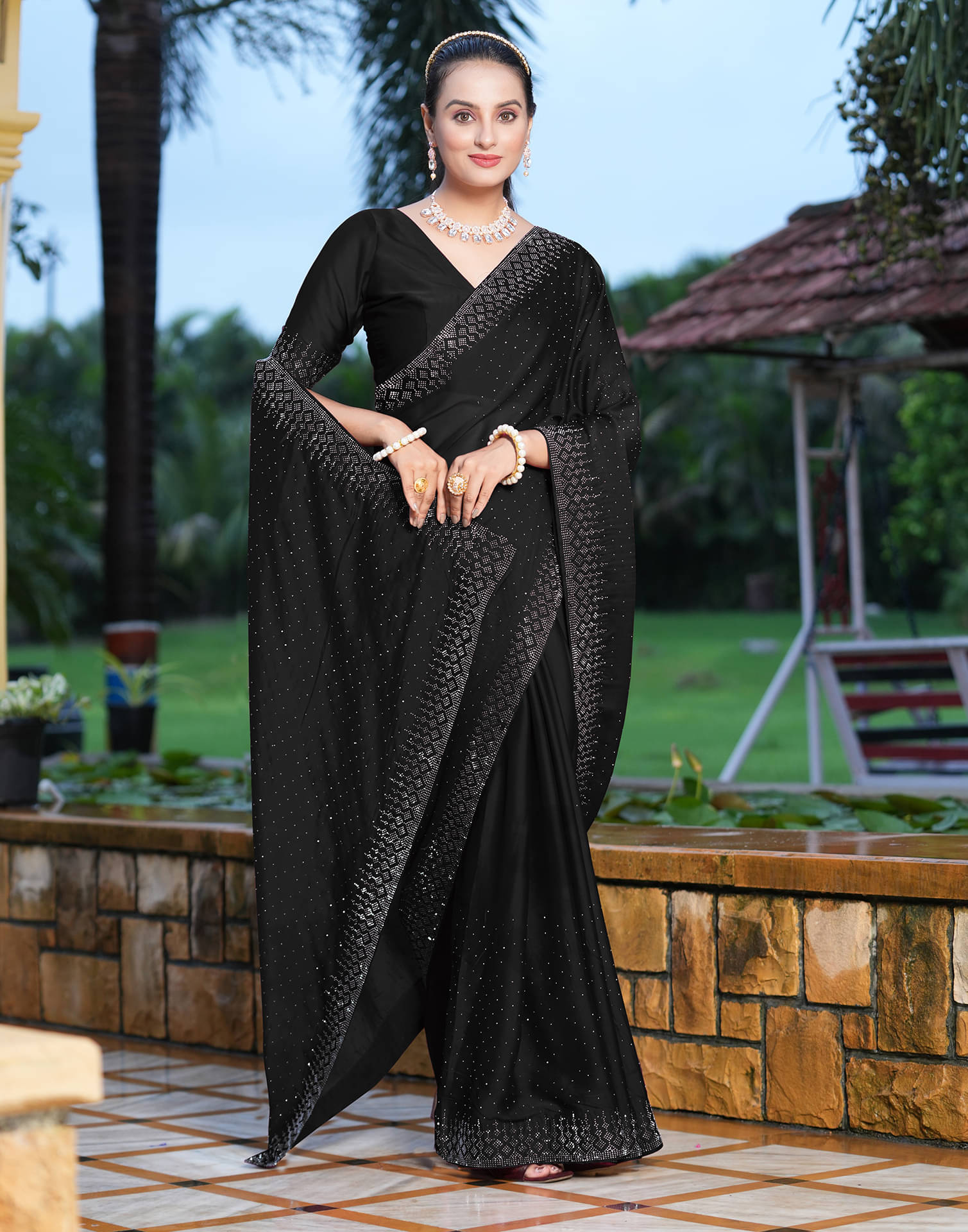 Satrani Georgette Embellished Saree With Unstitched Blouse Piece ( Black ) Satrani Georgette Embellished Saree With Unstitched Blouse Piece ( Black )
